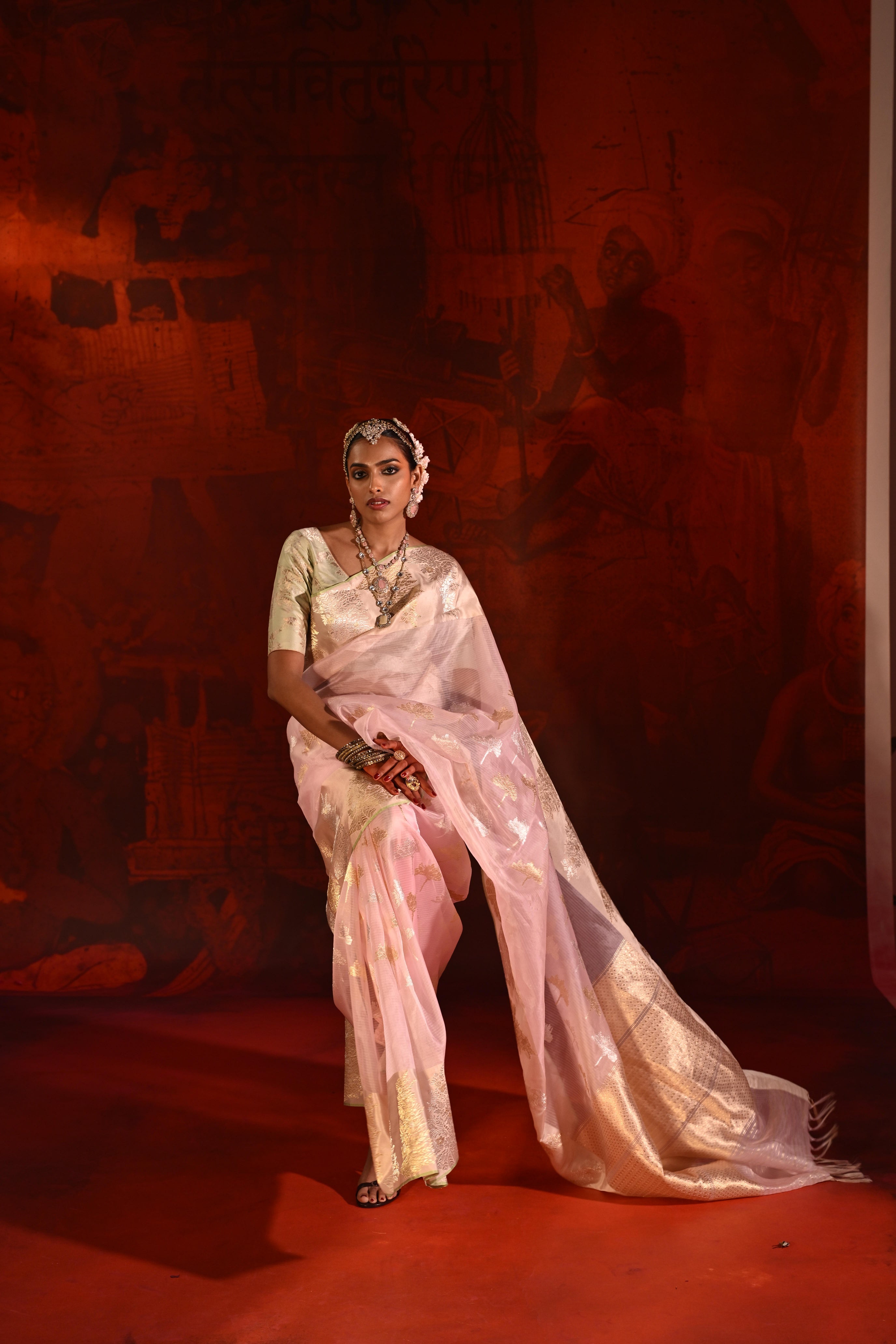 Rose Pink Kora Silk Saree with Zari Butta & Silk Motif Border