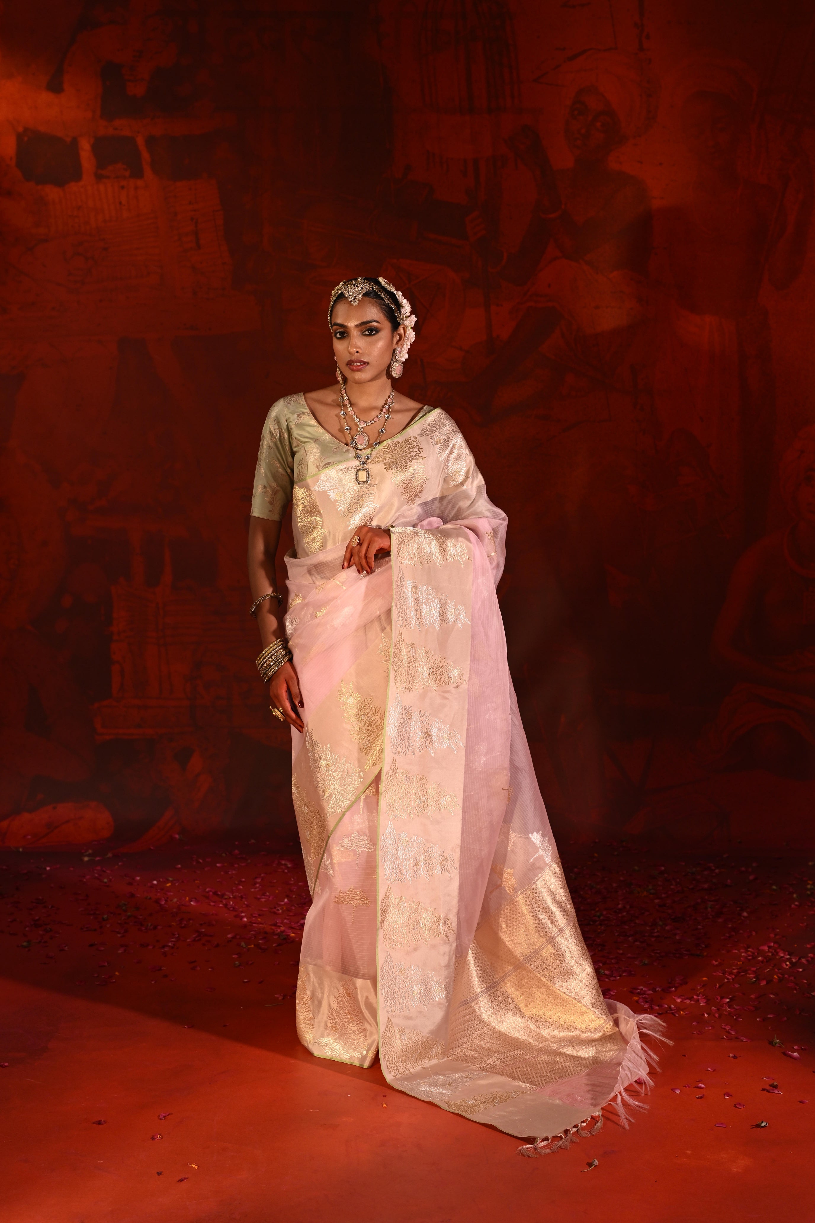 Rose Pink Kora Silk Saree with Zari Butta & Silk Motif Border