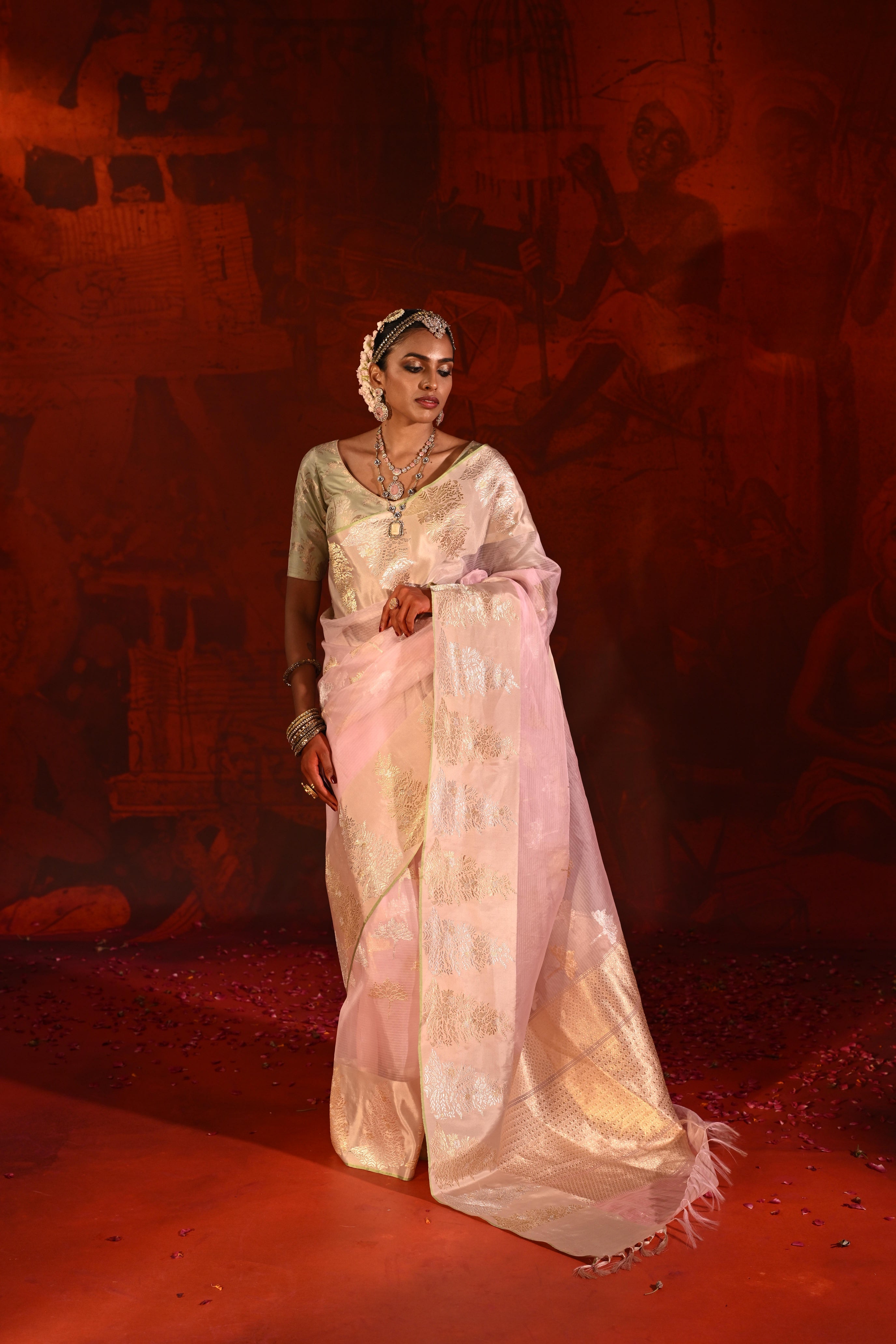 Rose Pink Kora Silk Saree with Zari Butta & Silk Motif Border