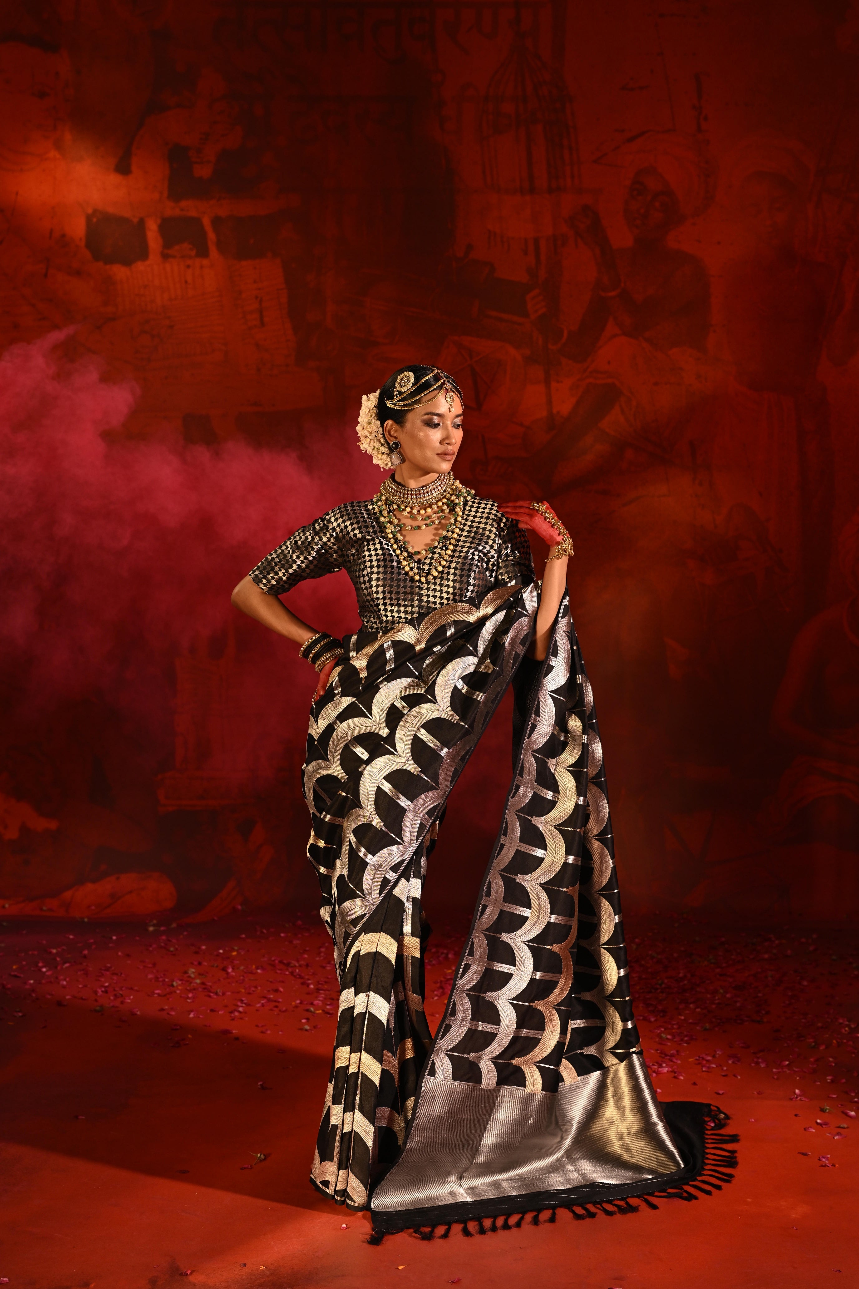 Black Banarasi Silk Saree with Golden-Silver Geometric Zari Weaving