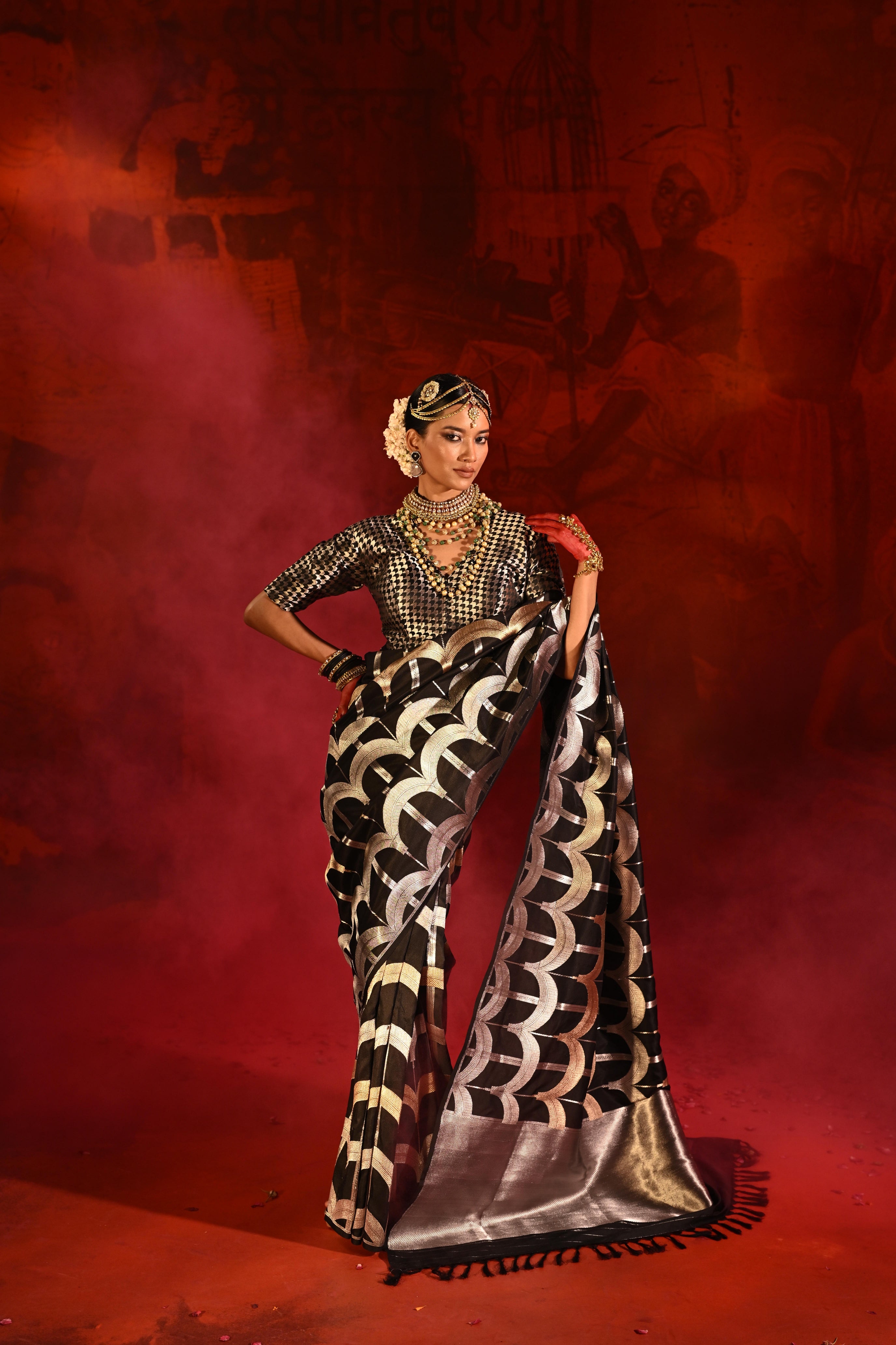 Black Banarasi Silk Saree with Golden-Silver Geometric Zari Weaving