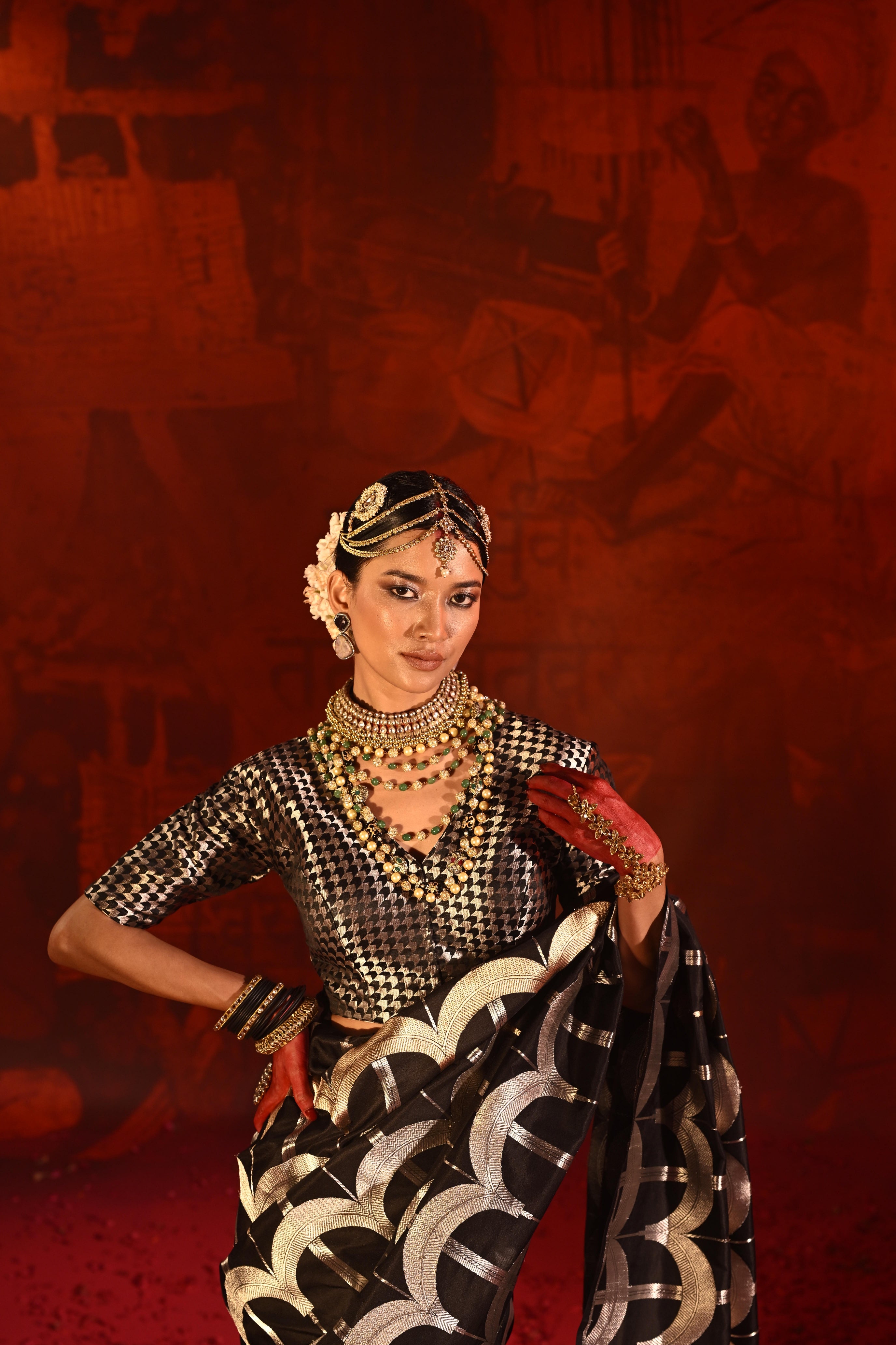 Black Banarasi Silk Saree with Golden-Silver Geometric Zari Weaving