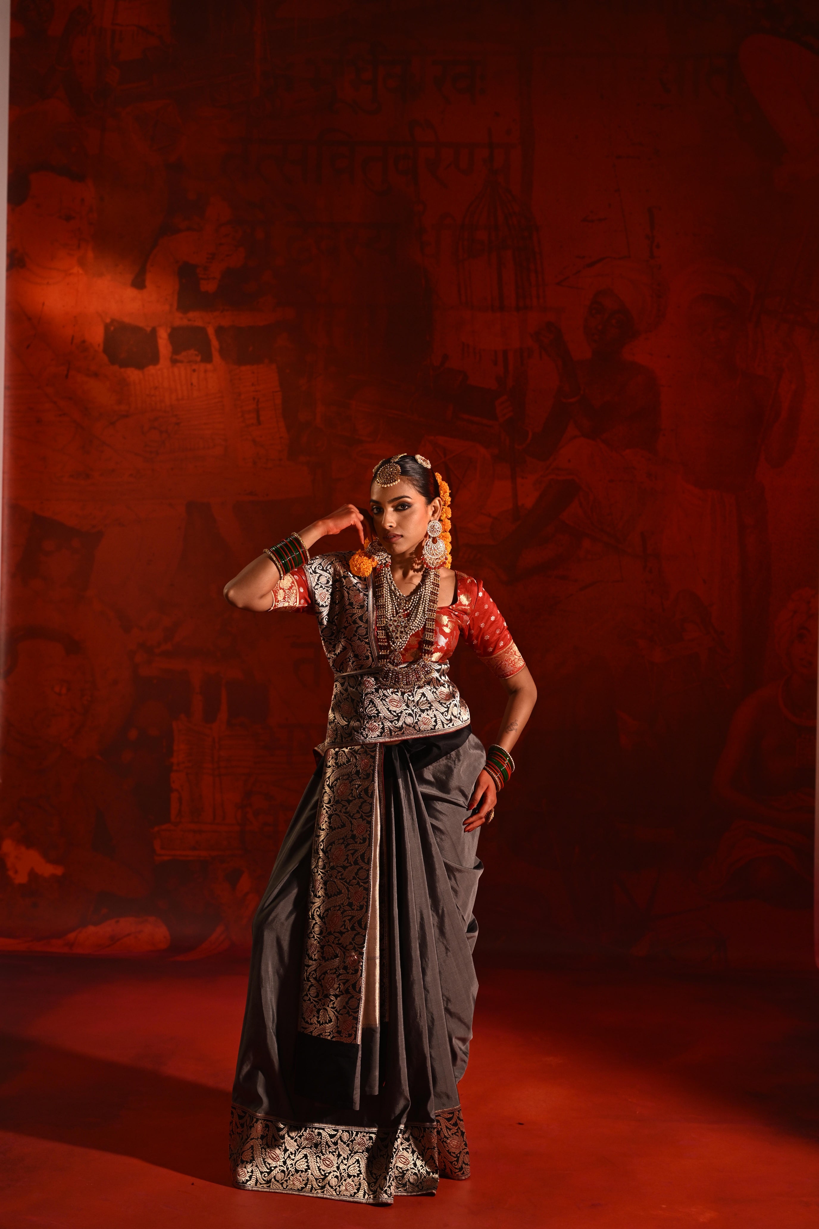 Grey Silk Saree with Contrast Black Zari Woven Border