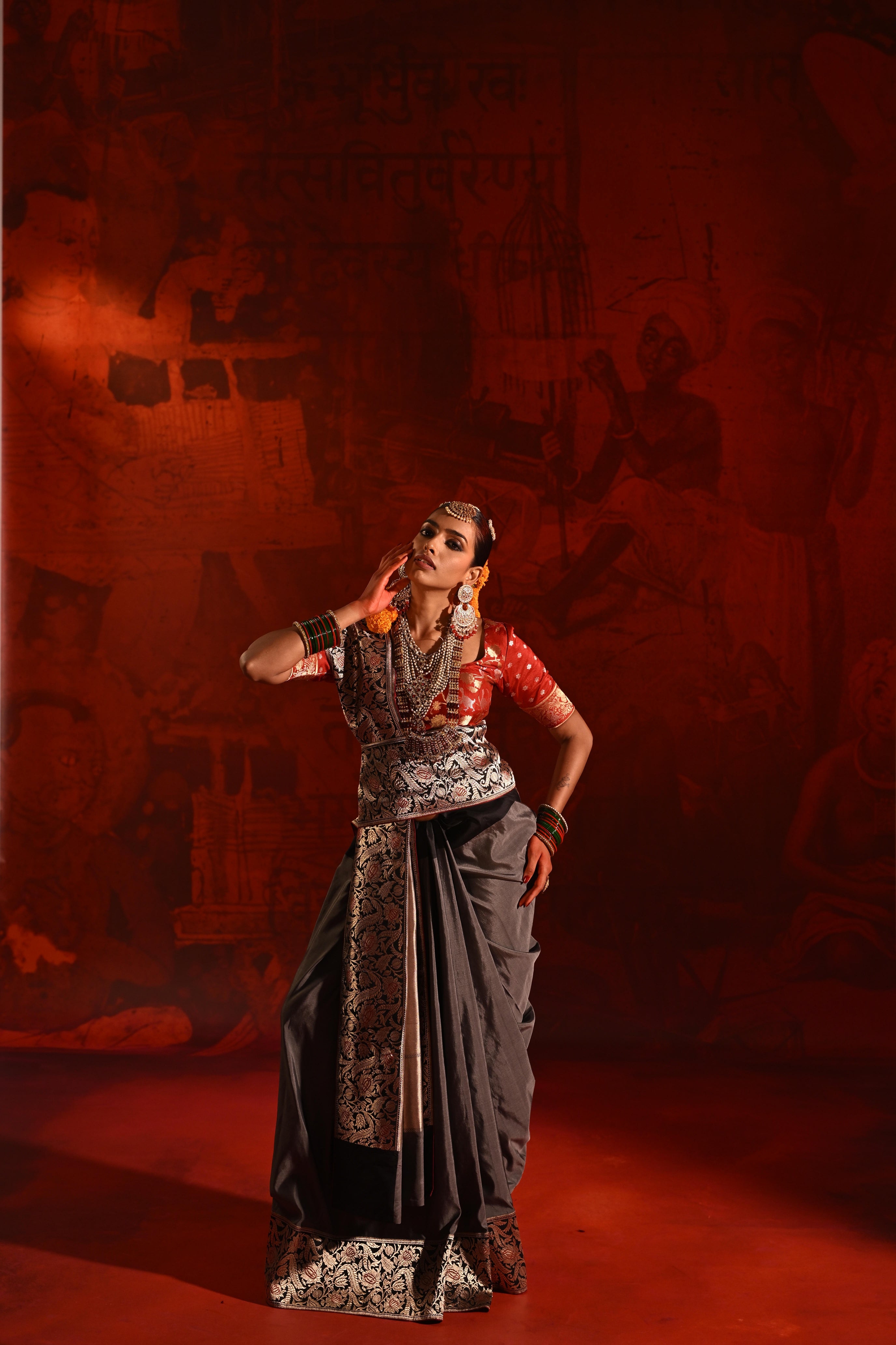 Grey Silk Saree with Contrast Black Zari Woven Border
