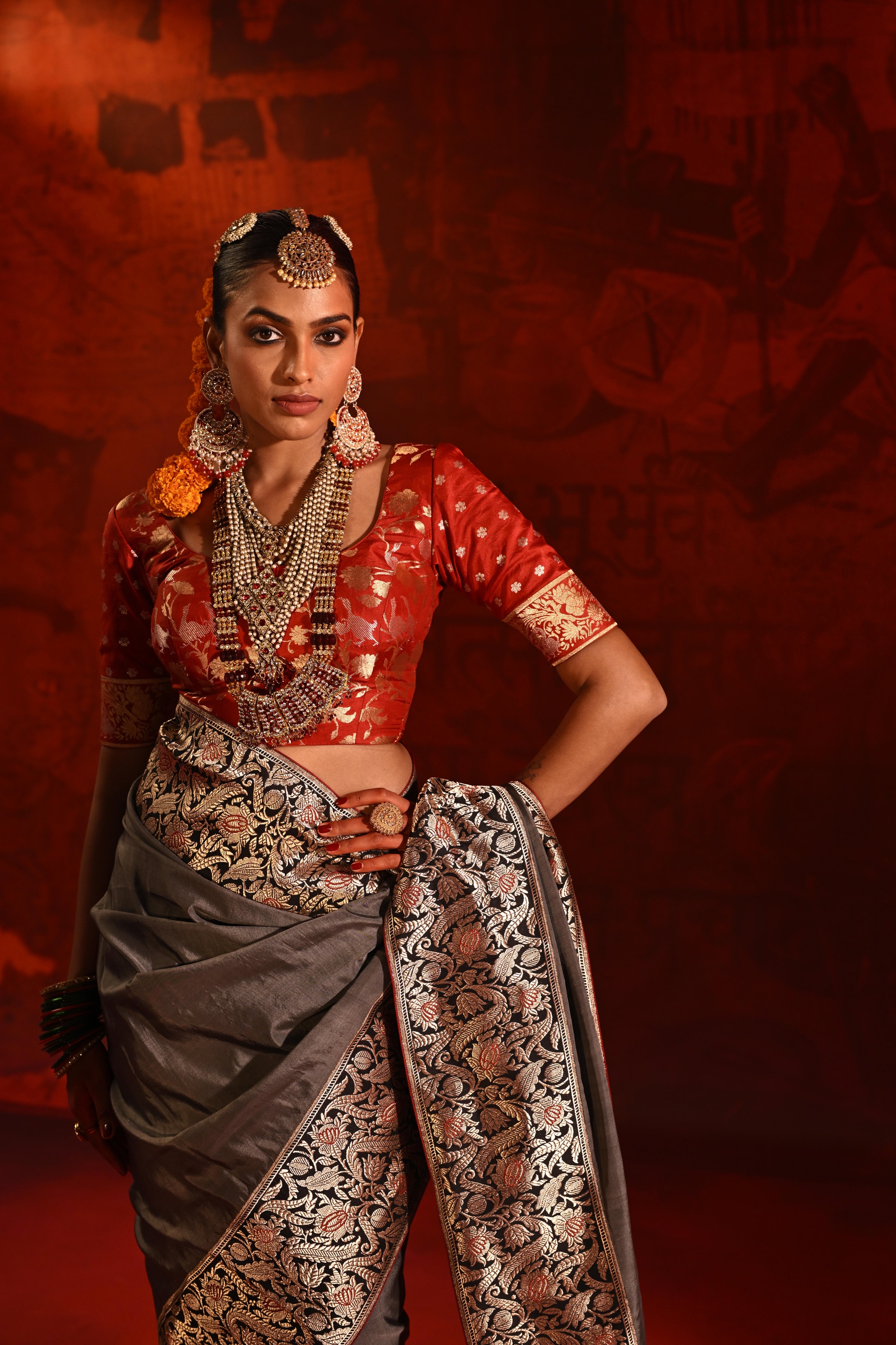 Grey Silk Saree with Contrast Black Zari Woven Border