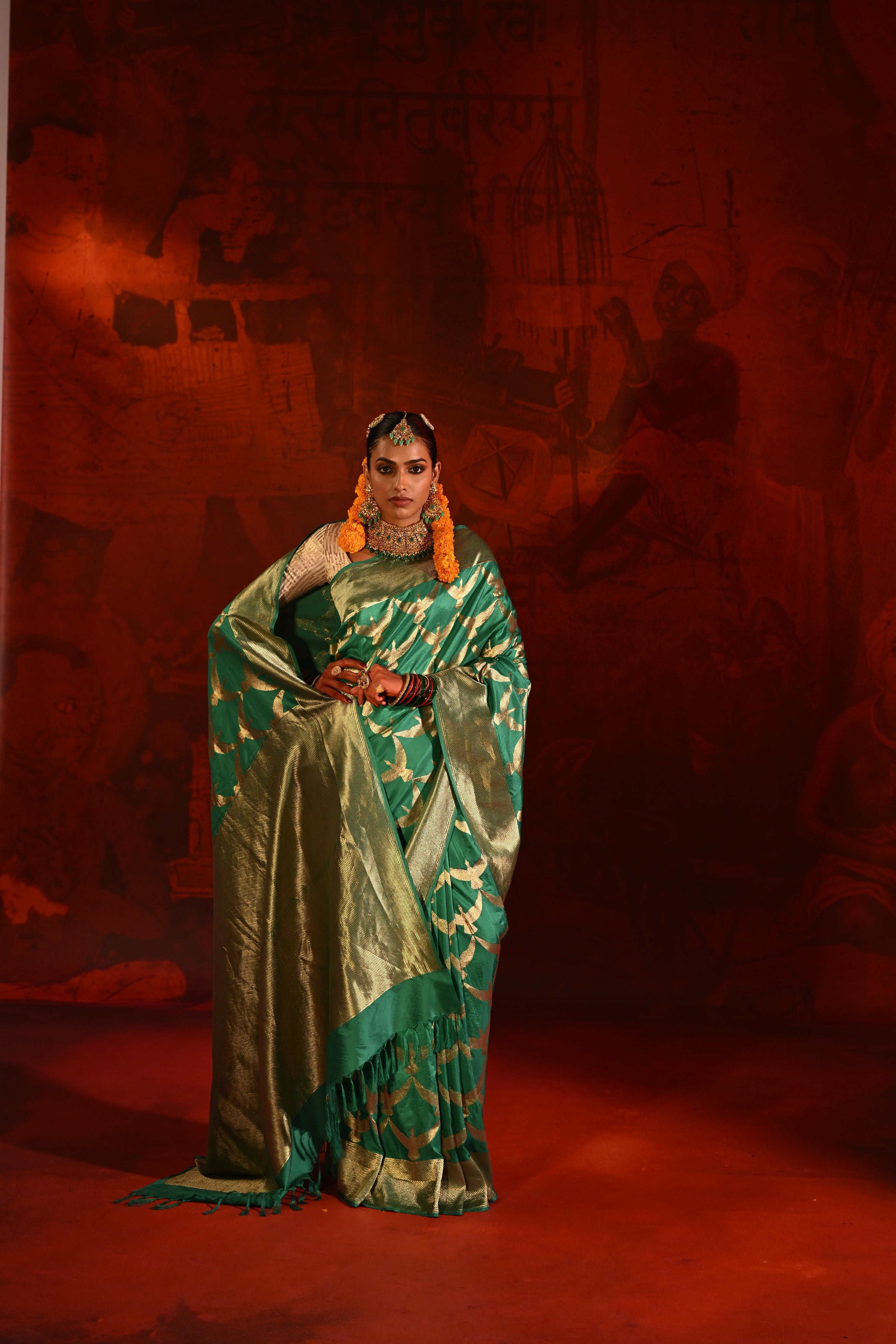 Teal Green Silk Saree with All-Over Zari Weaving