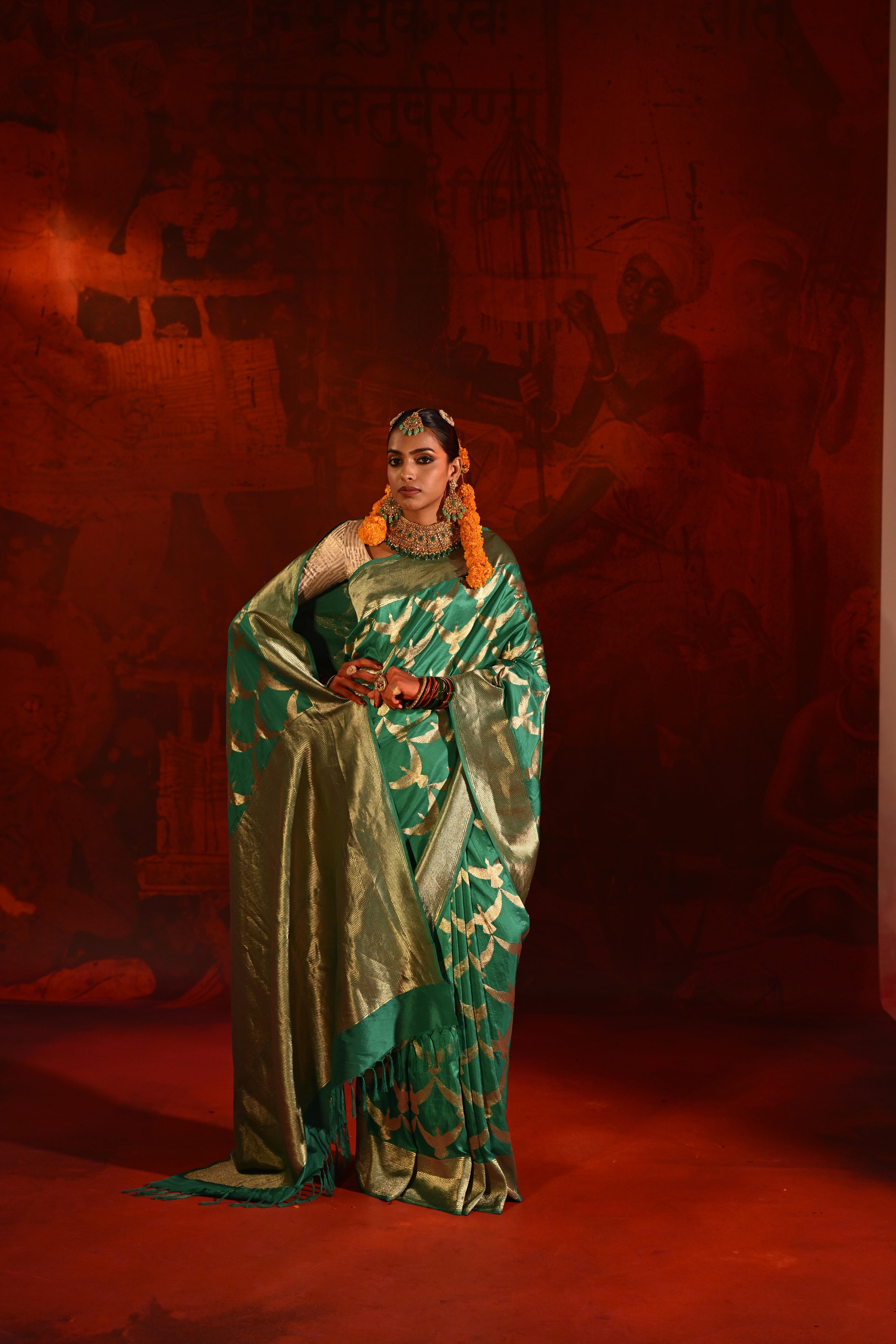 Teal Green Silk Saree with All-Over Zari Weaving