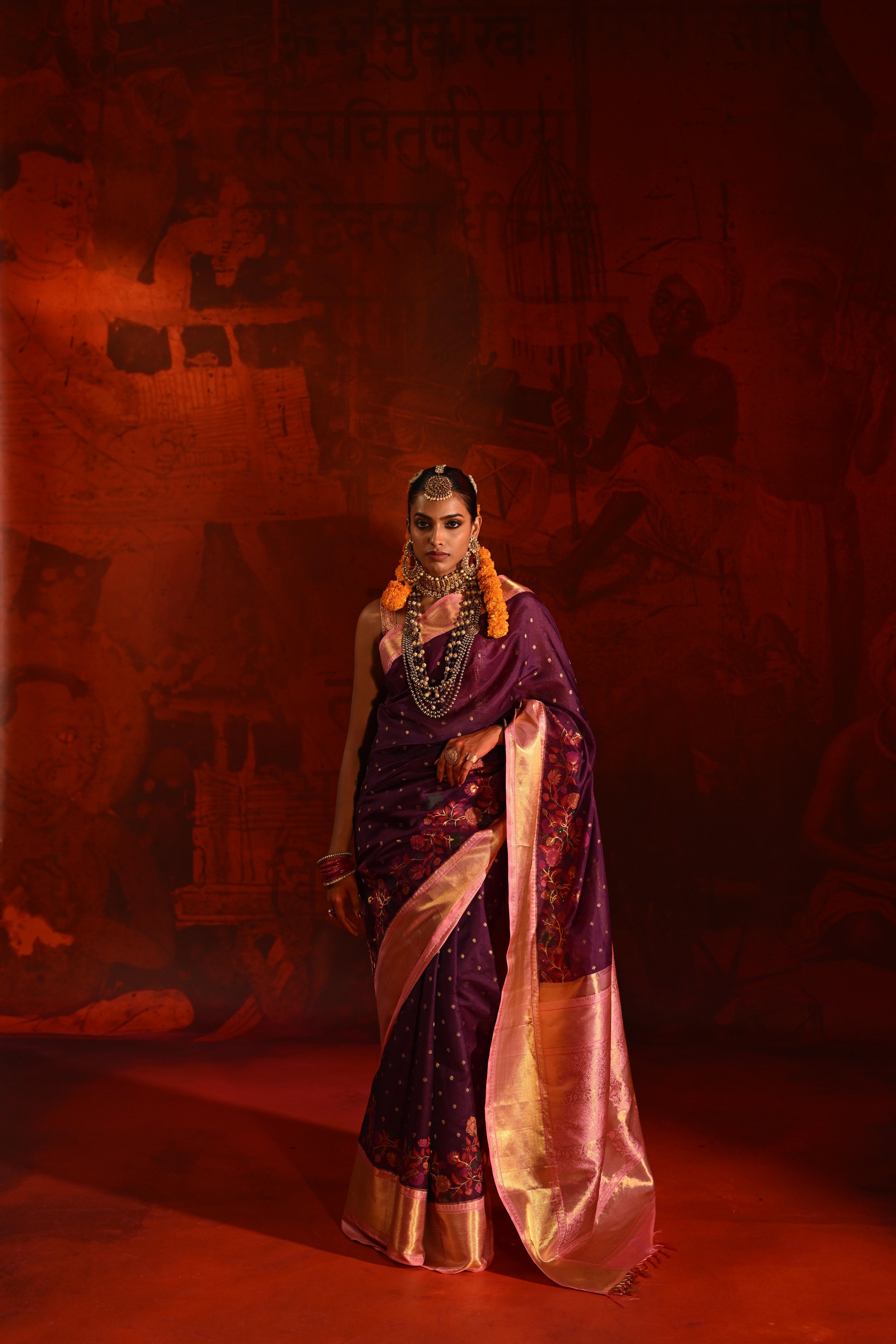 Purple Kanchivaram Kora Silk Saree with Multicolor Meena Zari Border