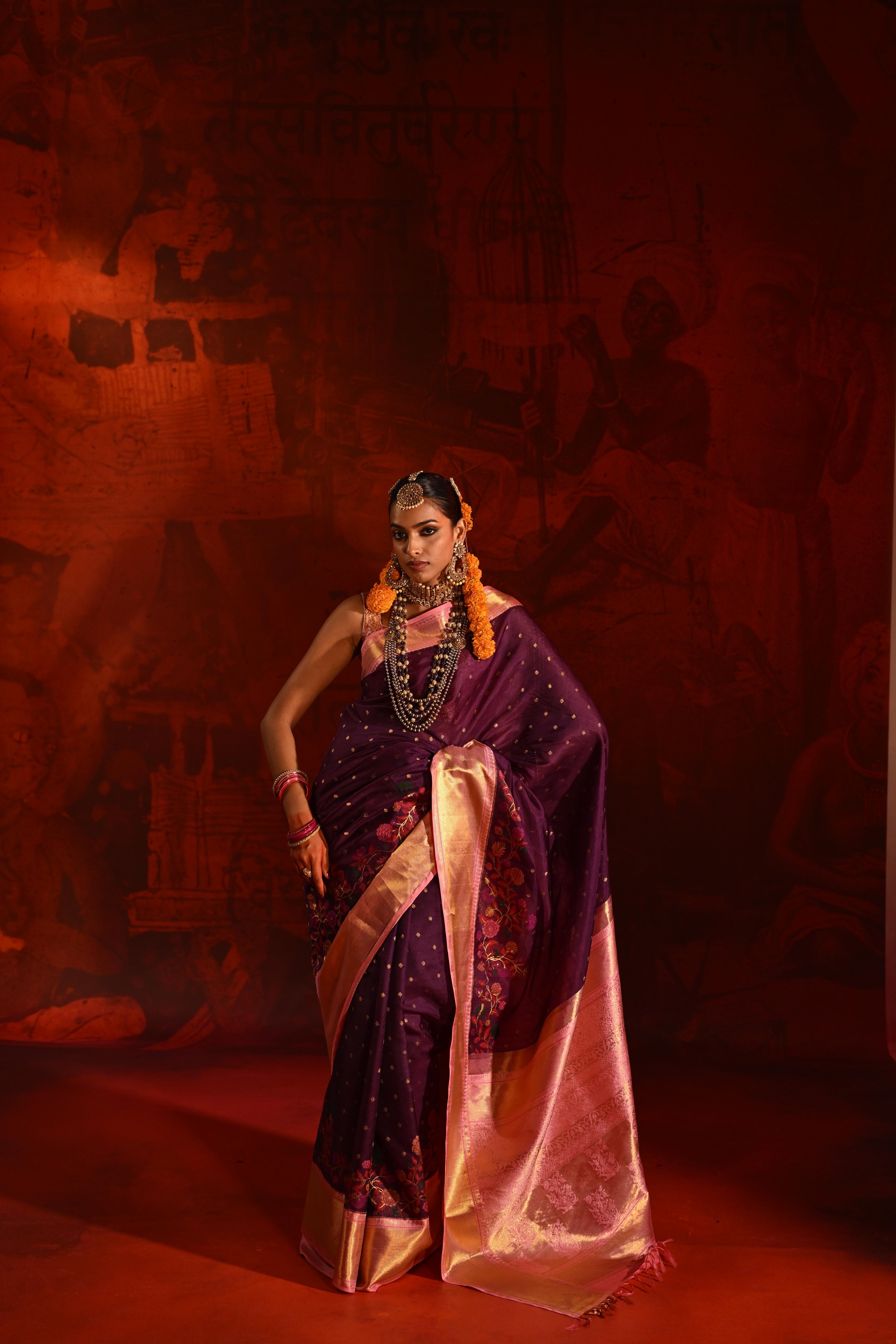 Purple Kanchivaram Kora Silk Saree with Multicolor Meena Zari Border