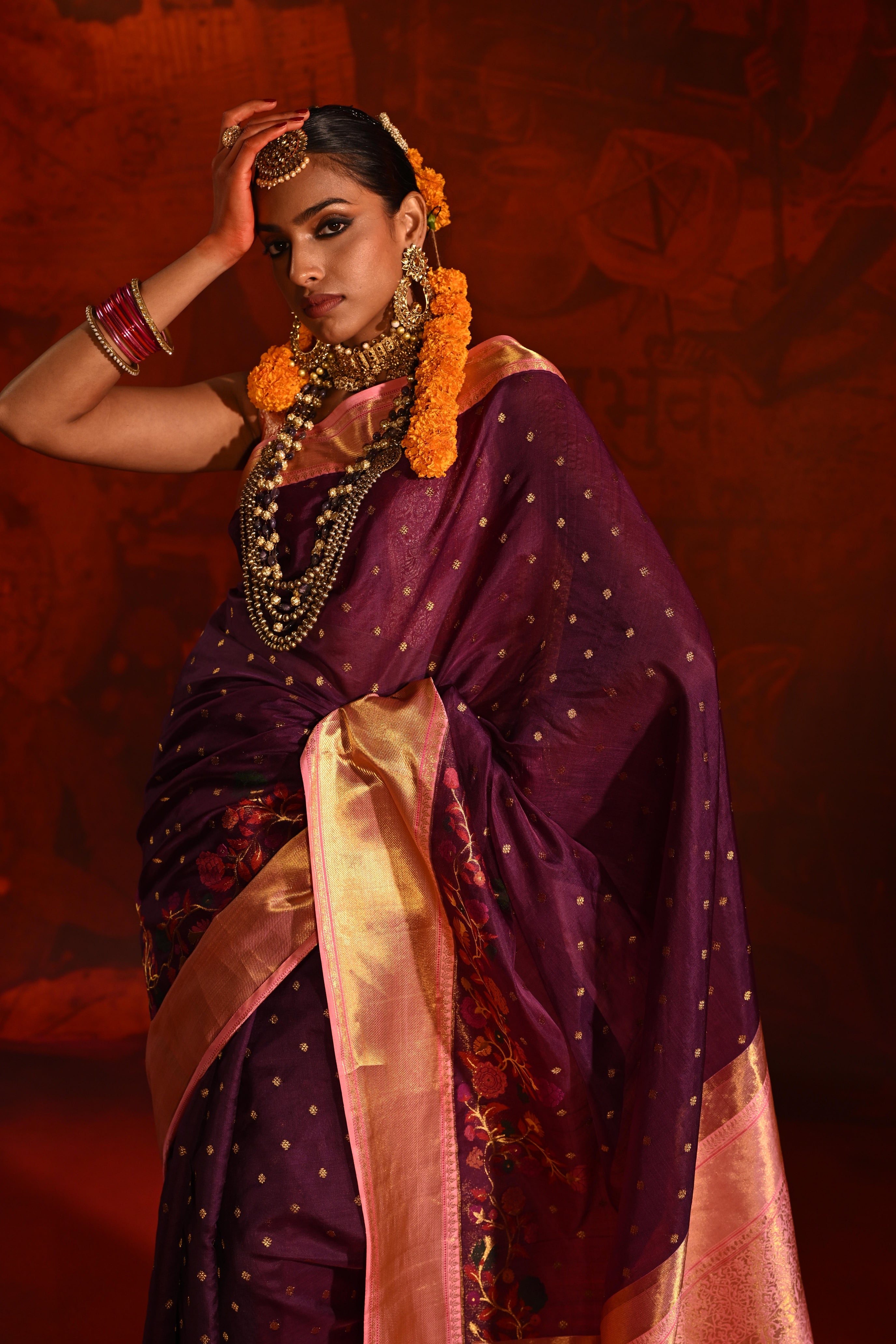 Purple Kanchivaram Kora Silk Saree with Multicolor Meena Zari Border