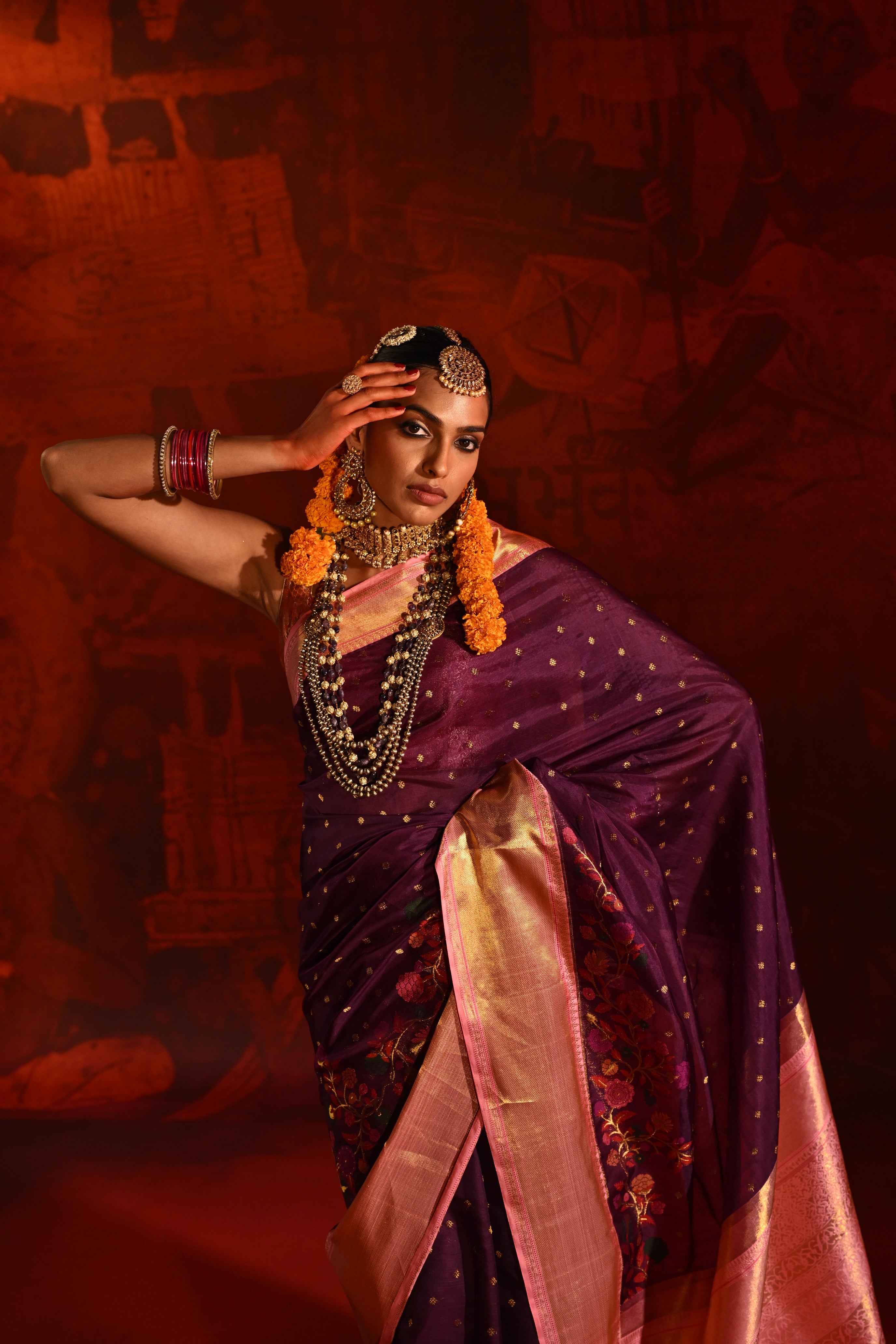 Purple Kanchivaram Kora Silk Saree with Multicolor Meena Zari Border