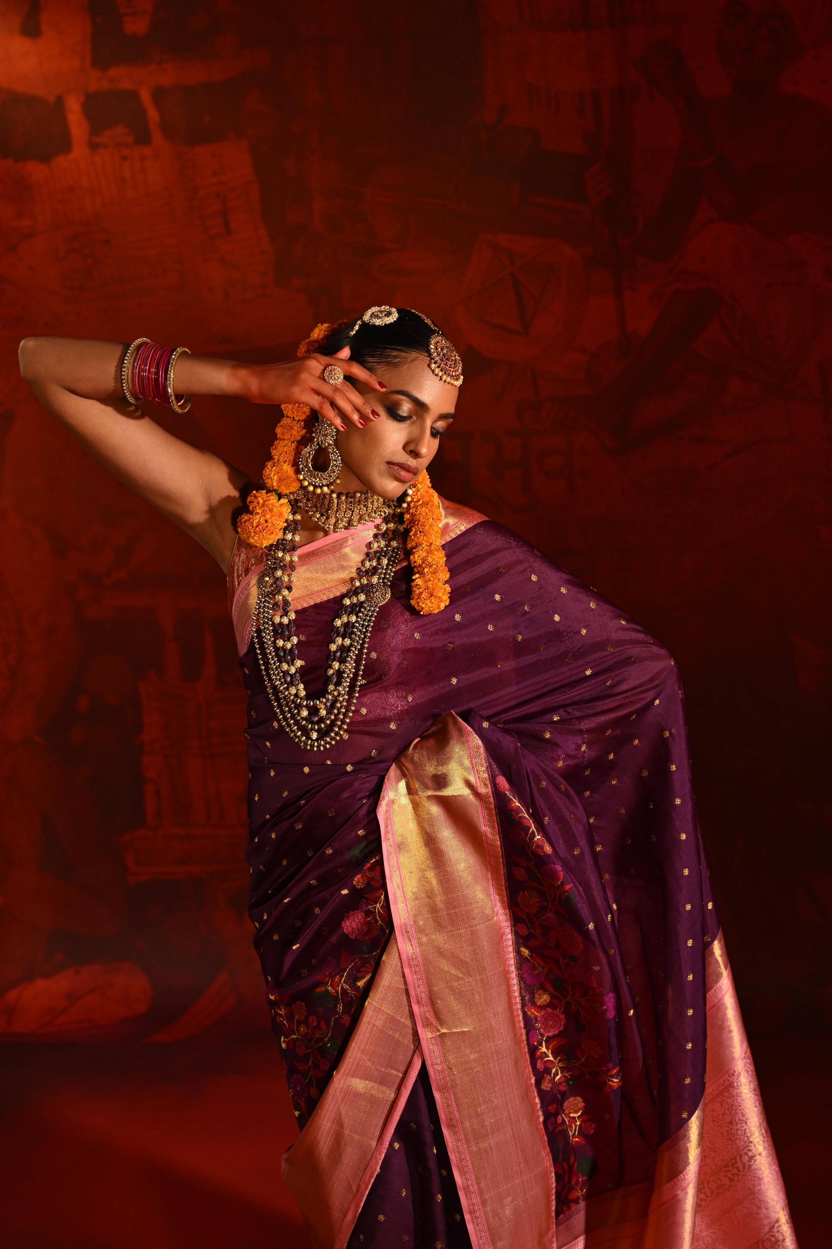 Purple Kanchivaram Kora Silk Saree with Multicolor Meena Zari Border