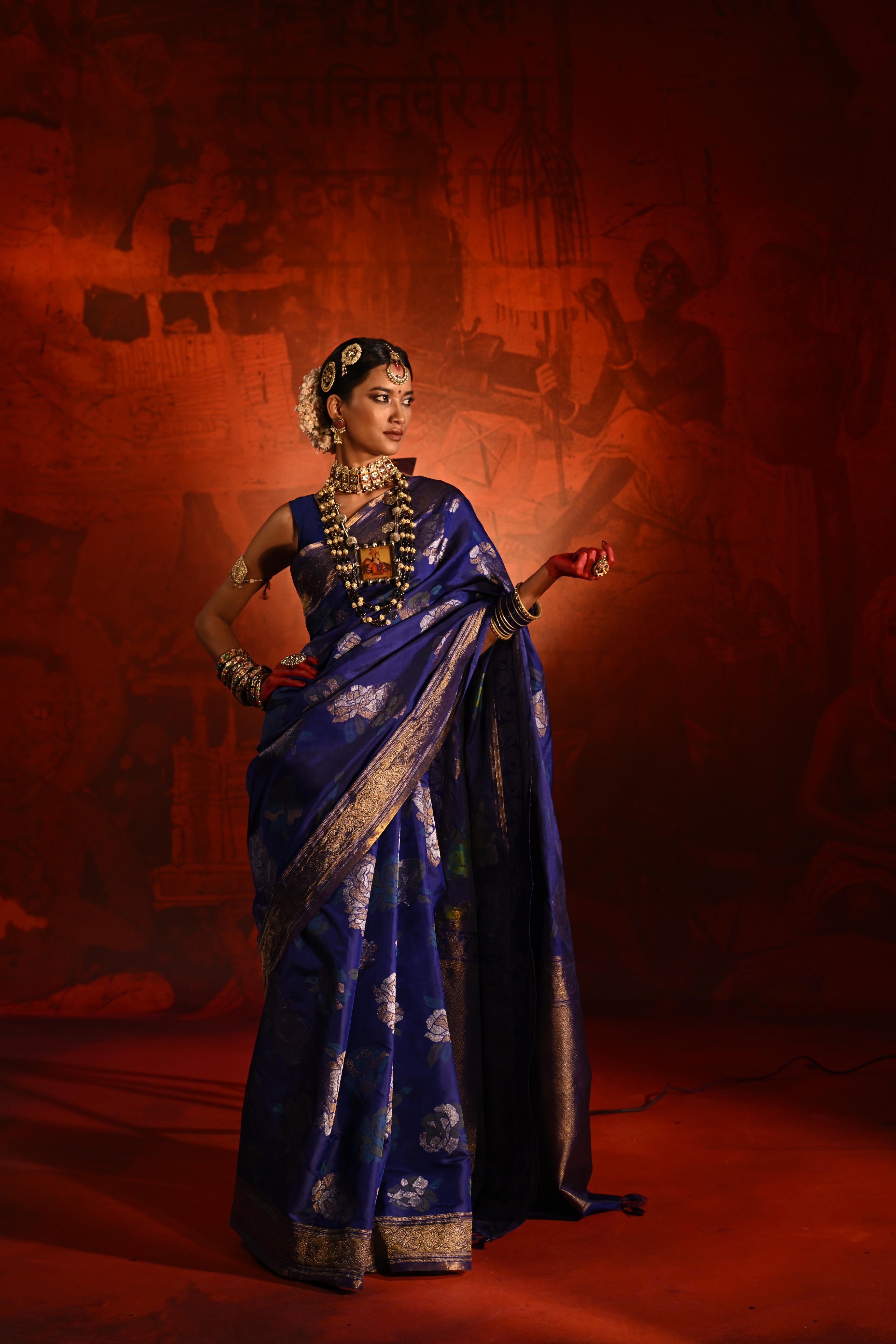 Ink Blue Kanchivaram Silk Saree with All-Over Zari & Meena Motifs
