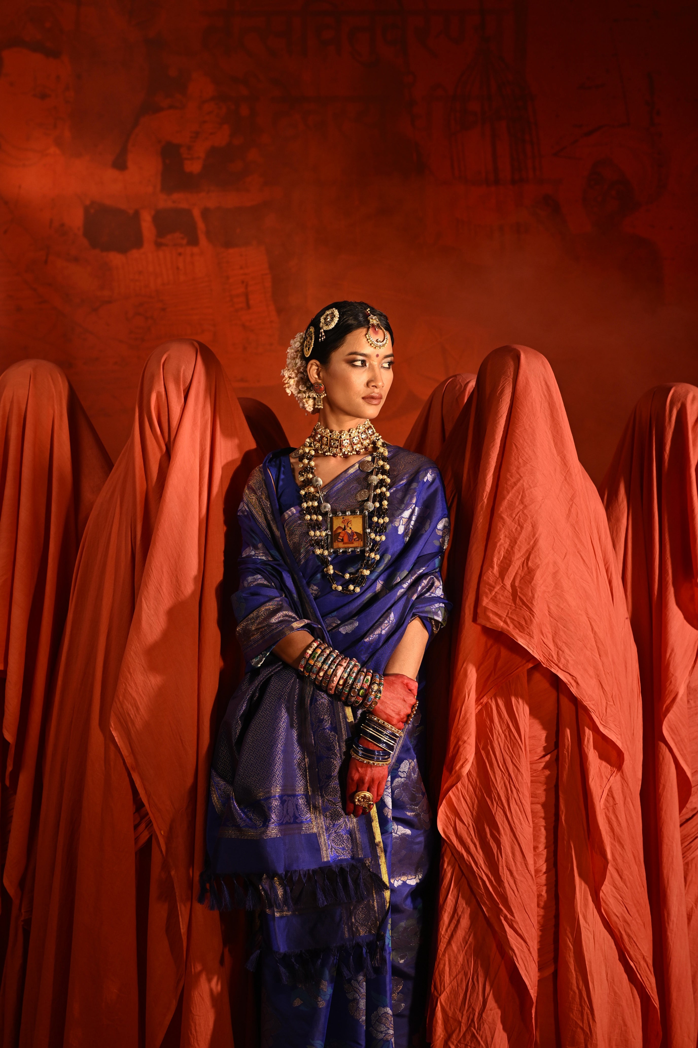 Ink Blue Kanchivaram Silk Saree with All-Over Zari & Meena Motifs