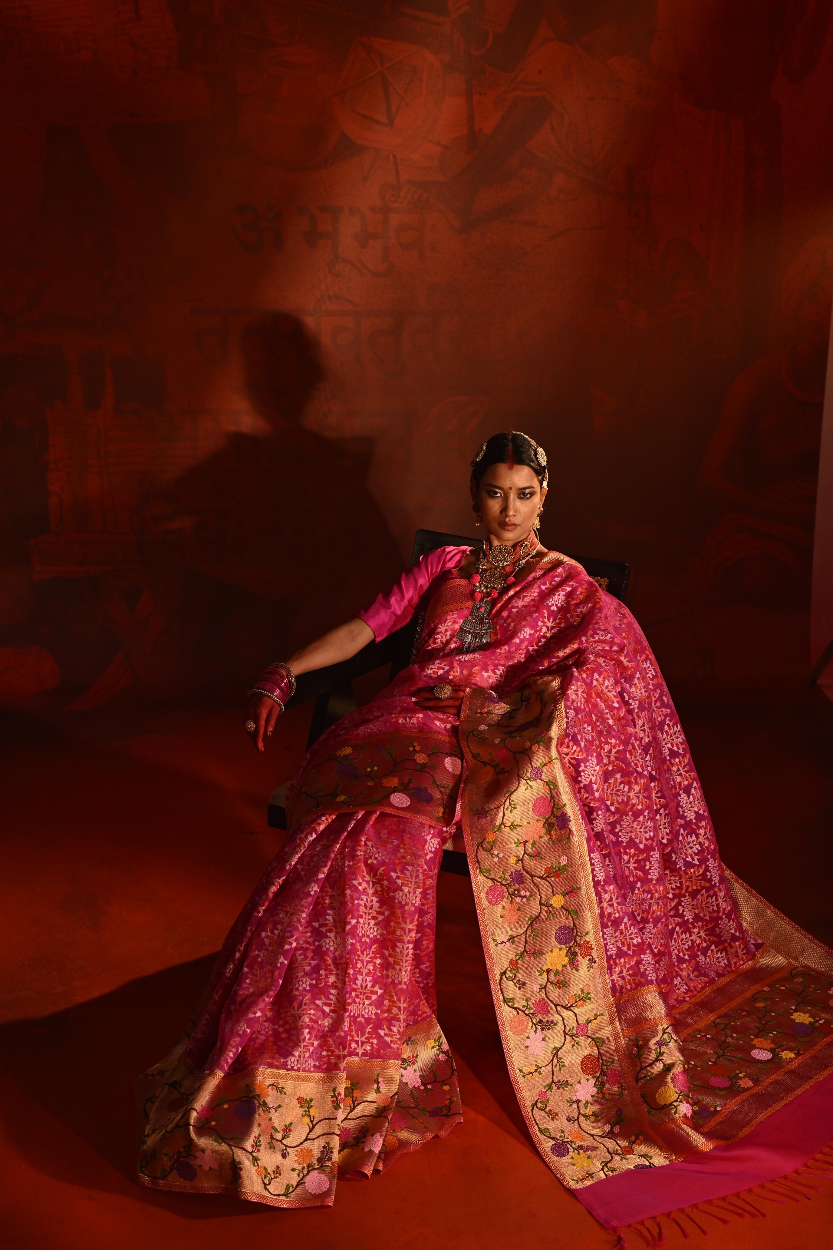 Neon Pink Kora Silk Saree with Zari Weaving & Meena Jaal