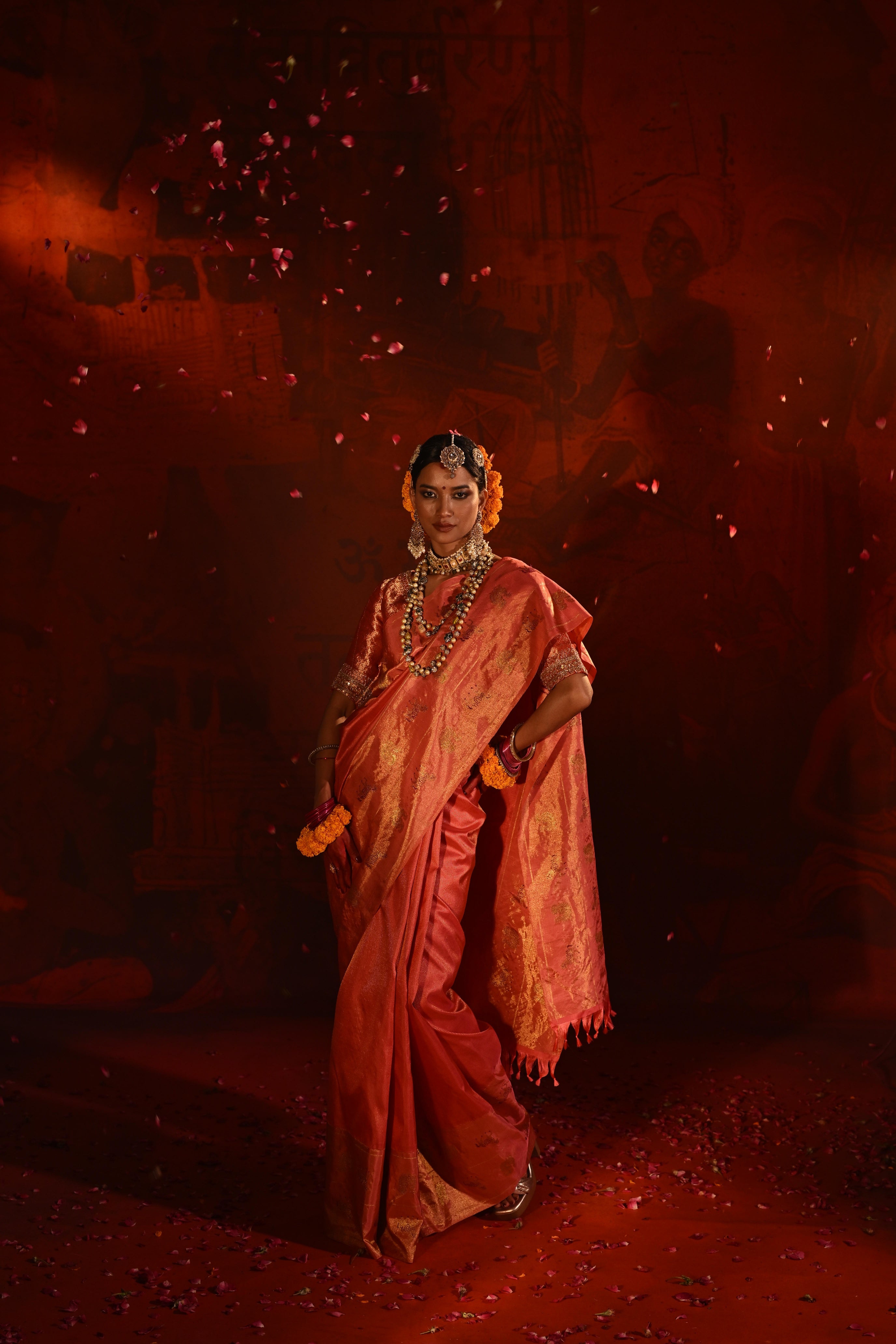 Peach Kanchivaram Silk Saree with Vaira Oosi Weaving