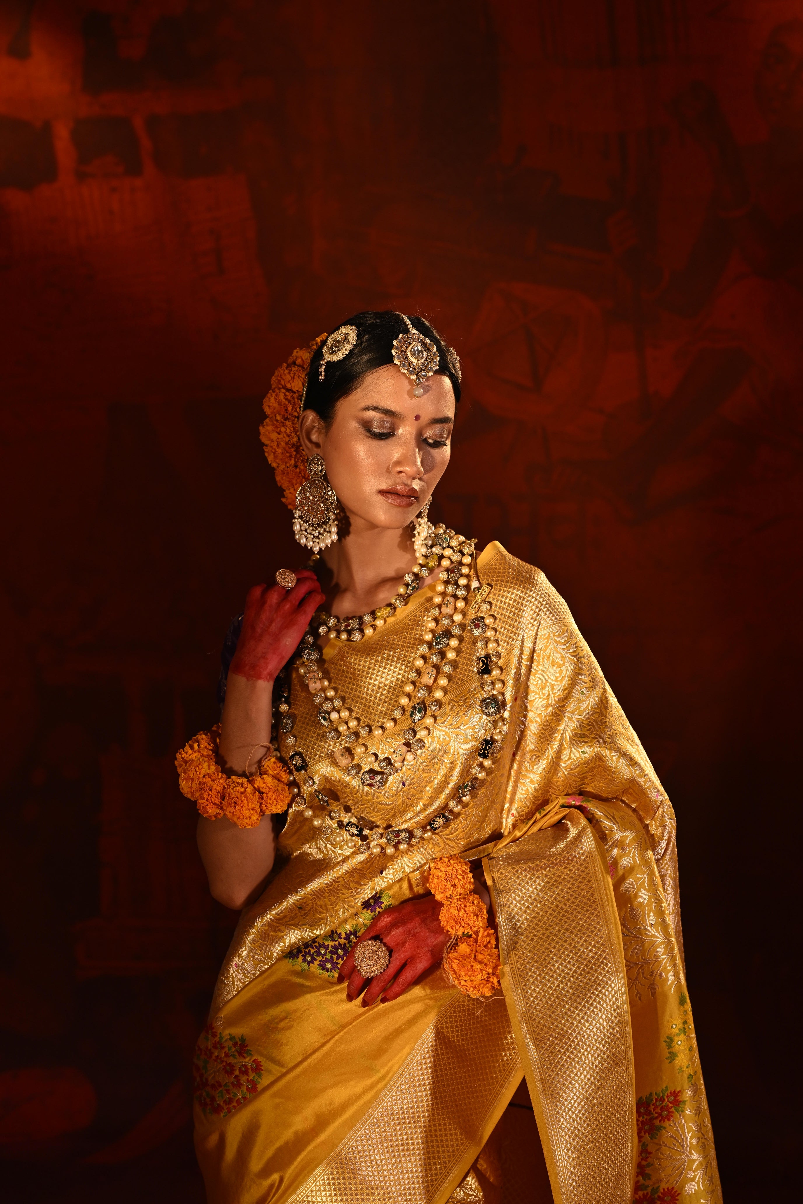 Mango Yellow Banarasi Silk Saree with Brocade Zari Weaving & Multi-Coloured Motifs