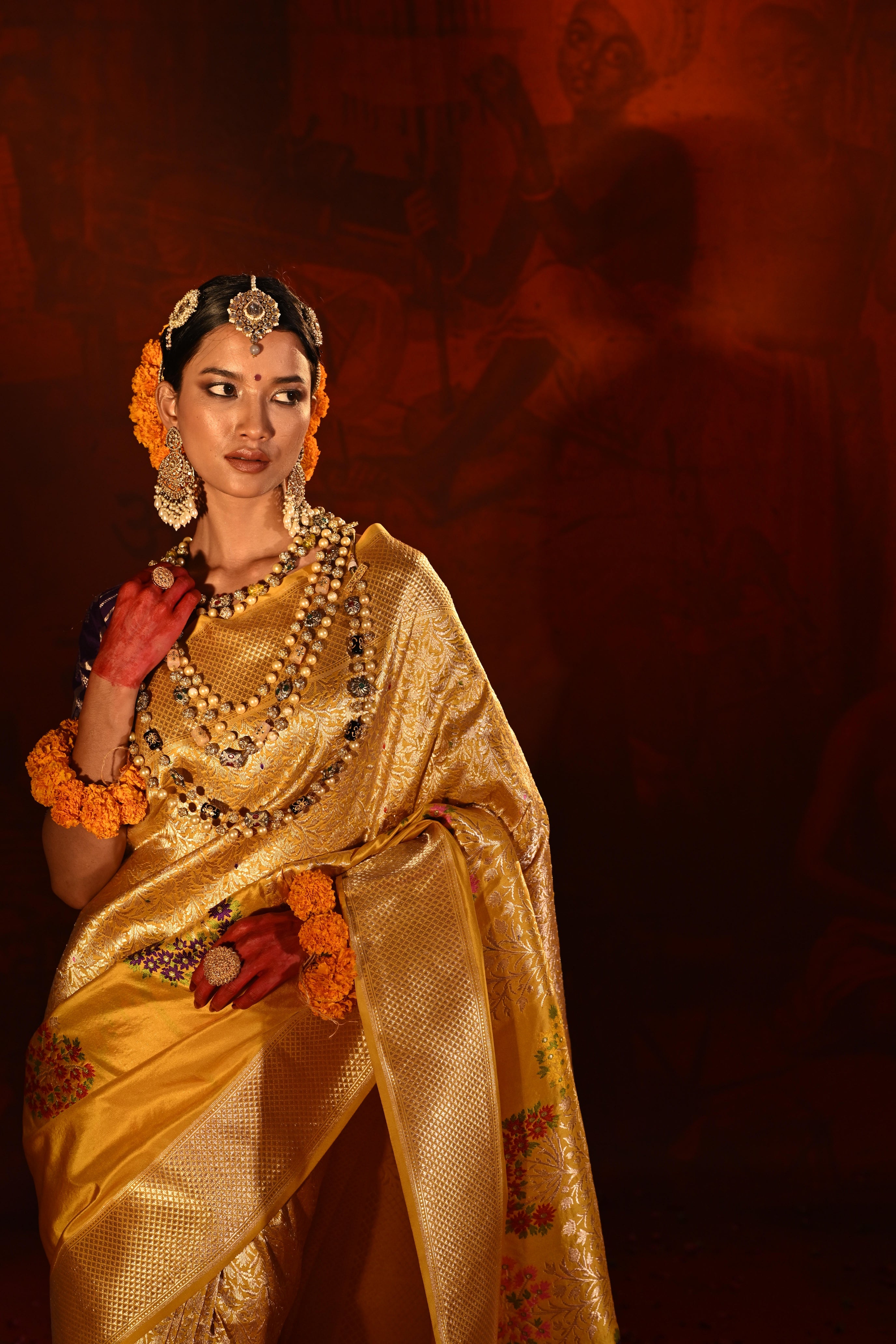 Mango Yellow Banarasi Silk Saree with Brocade Zari Weaving & Multi-Coloured Motifs
