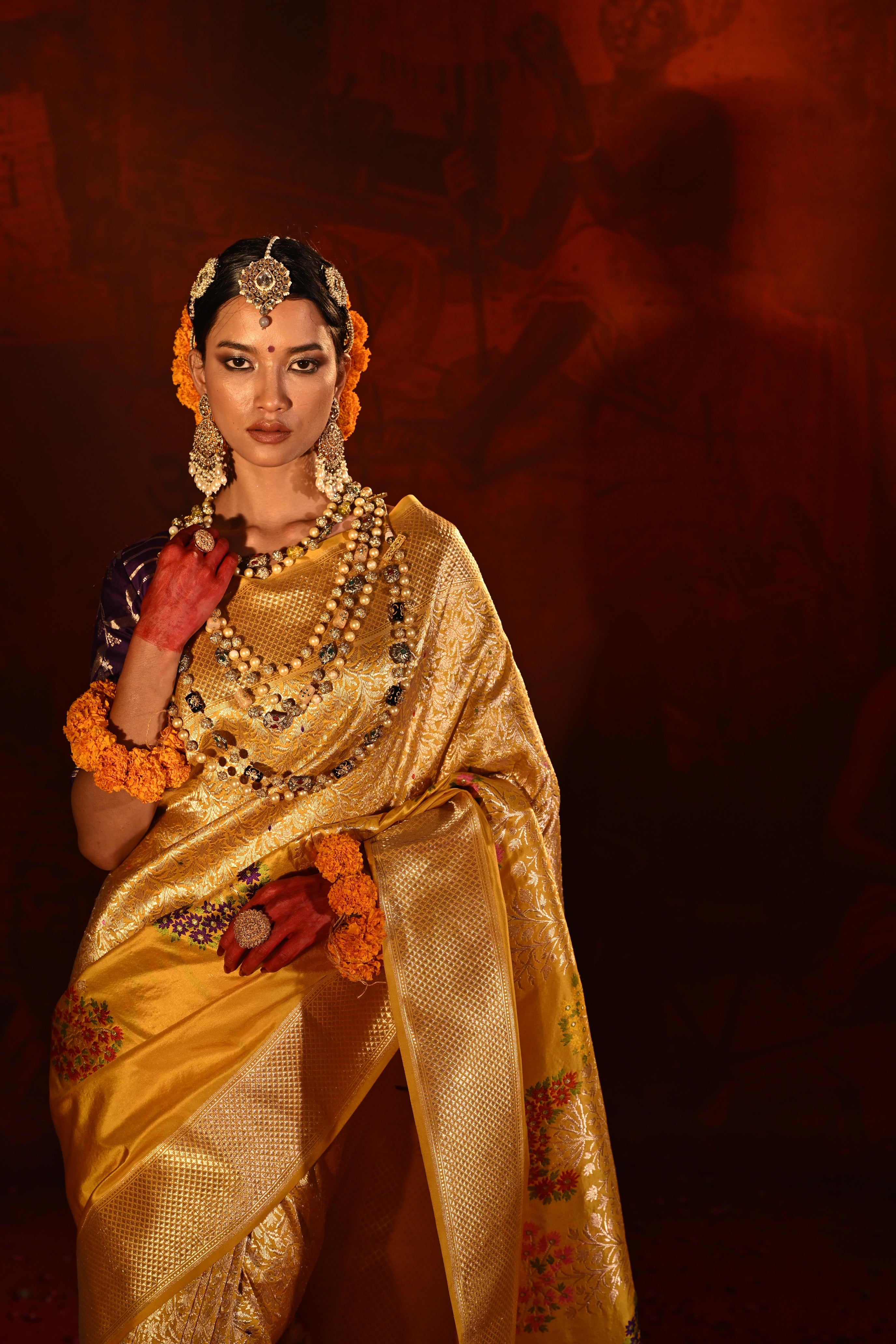 Mango Yellow Banarasi Silk Saree with Brocade Zari Weaving & Multi-Coloured Motifs