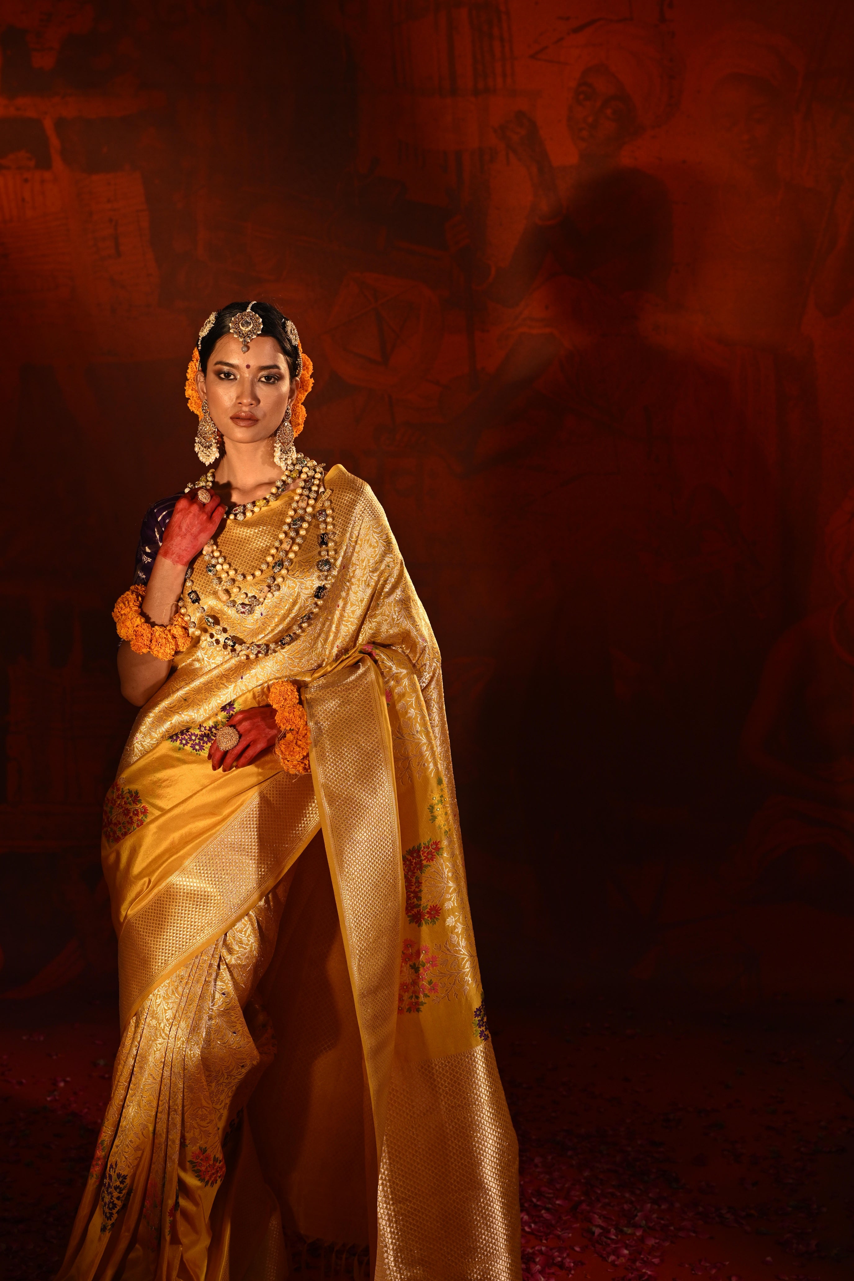 Mango Yellow Banarasi Silk Saree with Brocade Zari Weaving & Multi-Coloured Motifs