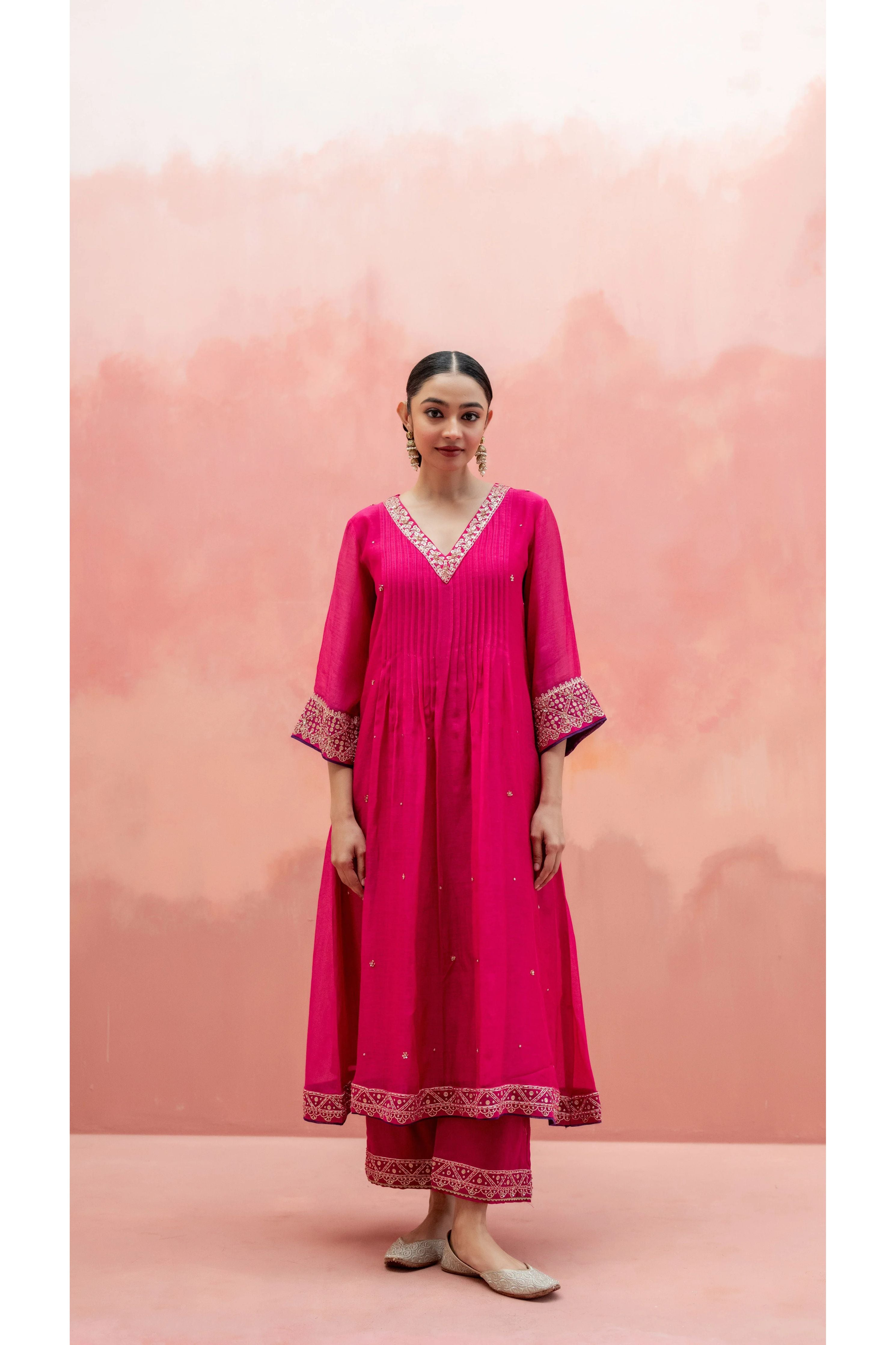 Rani Pink A-Line Kurta Set - Mokshaa