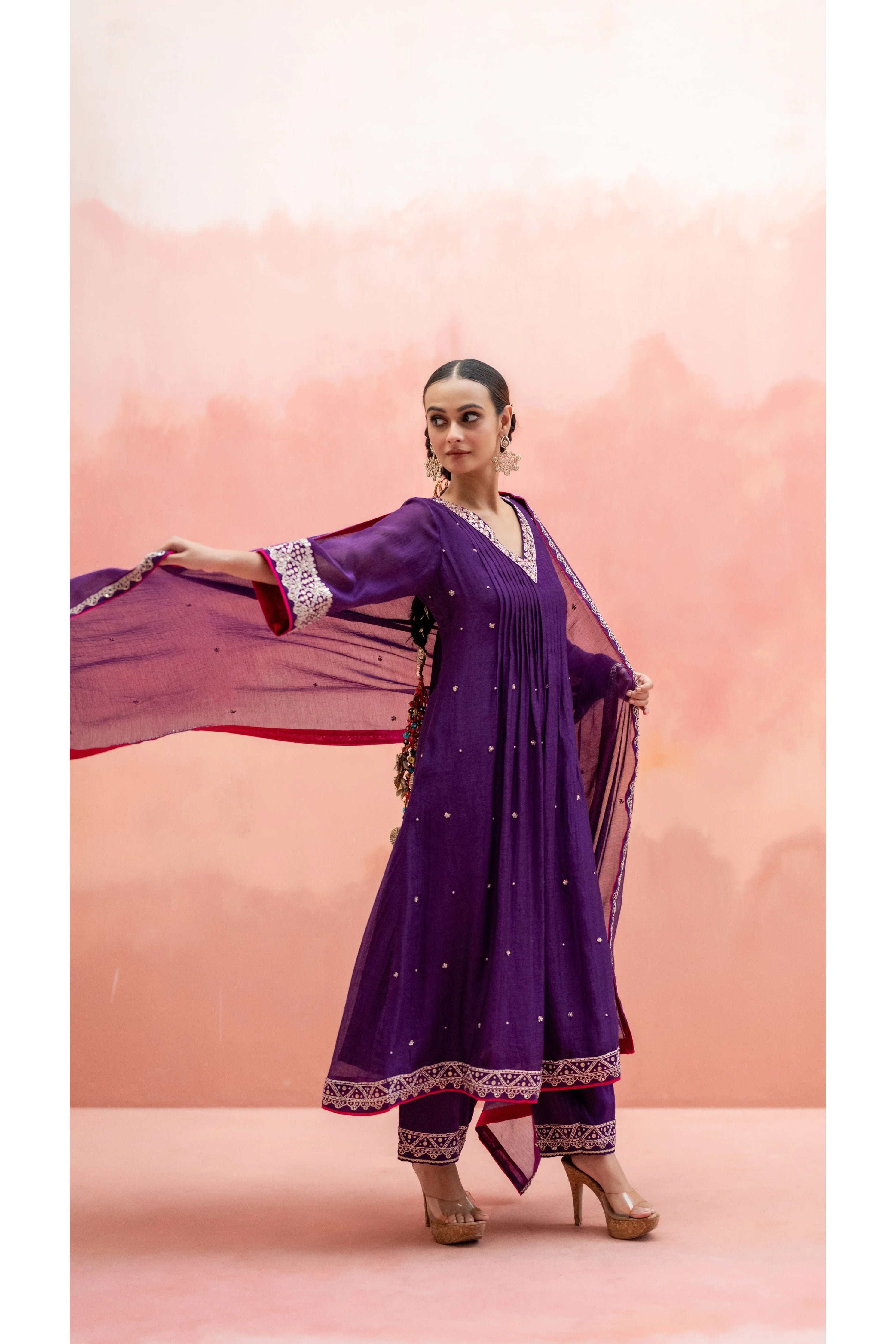 Aubergine Mul Chanderi Embroidered Kurta Set - Mokshaa