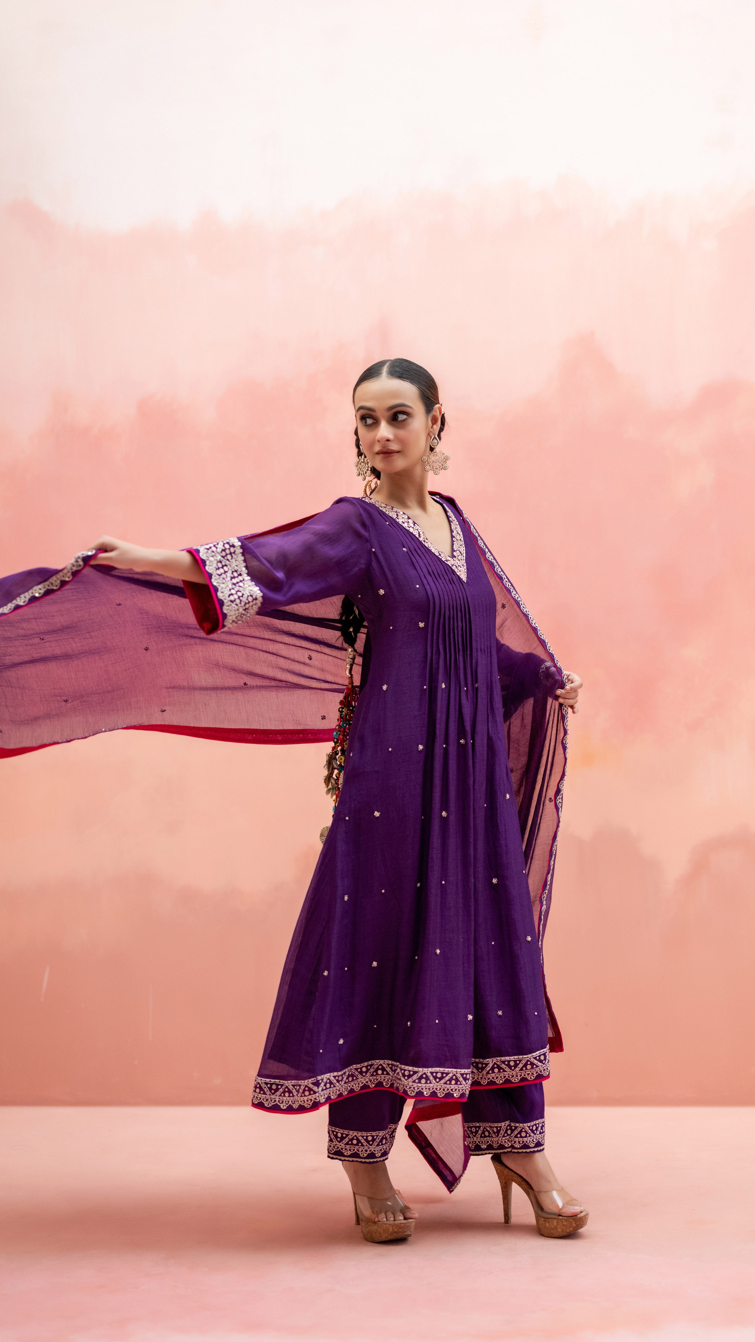 Aubergine Mul Chanderi Embroidered Kurta Set