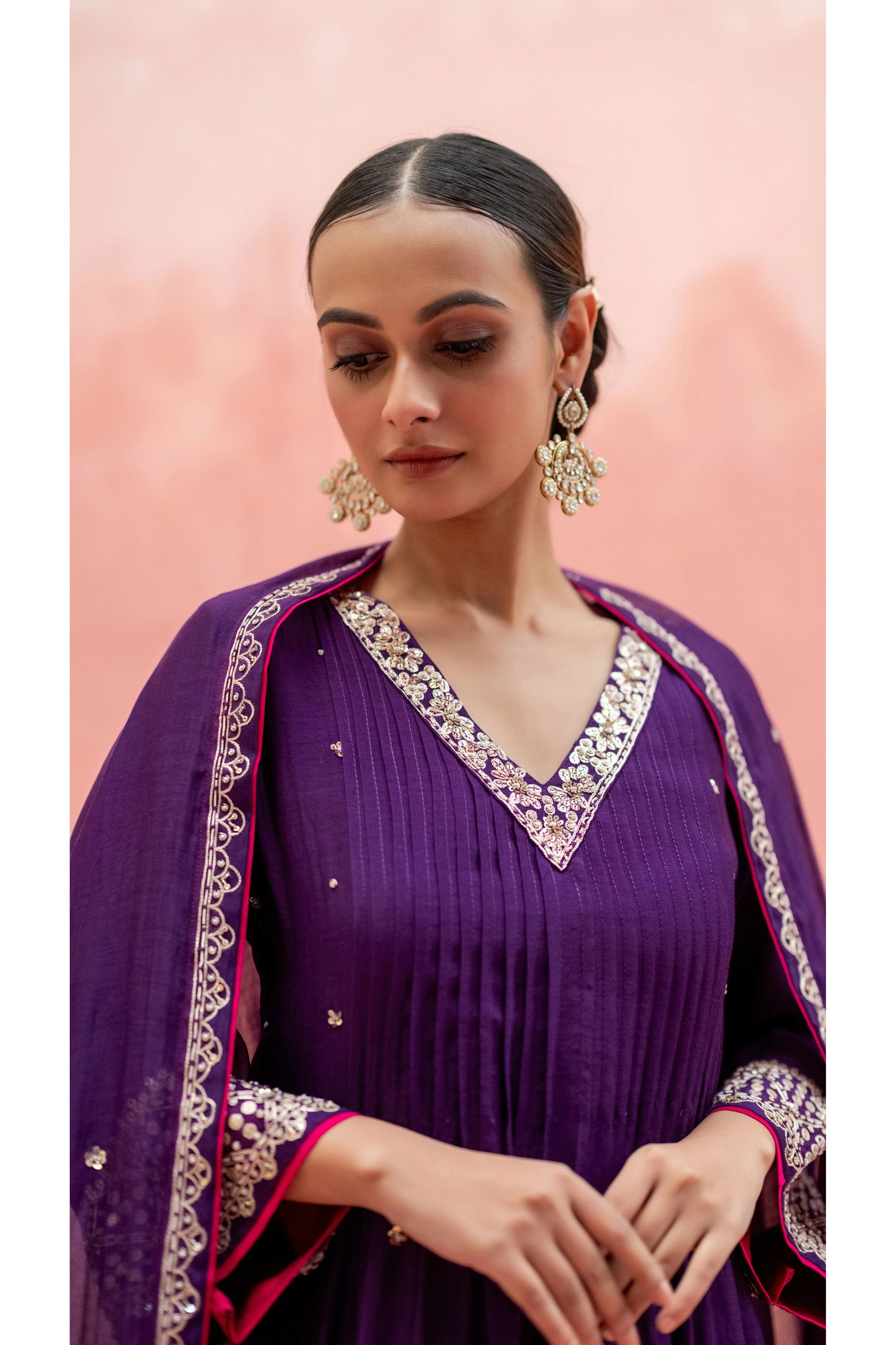 Aubergine Mul Chanderi Embroidered Kurta Set - Mokshaa