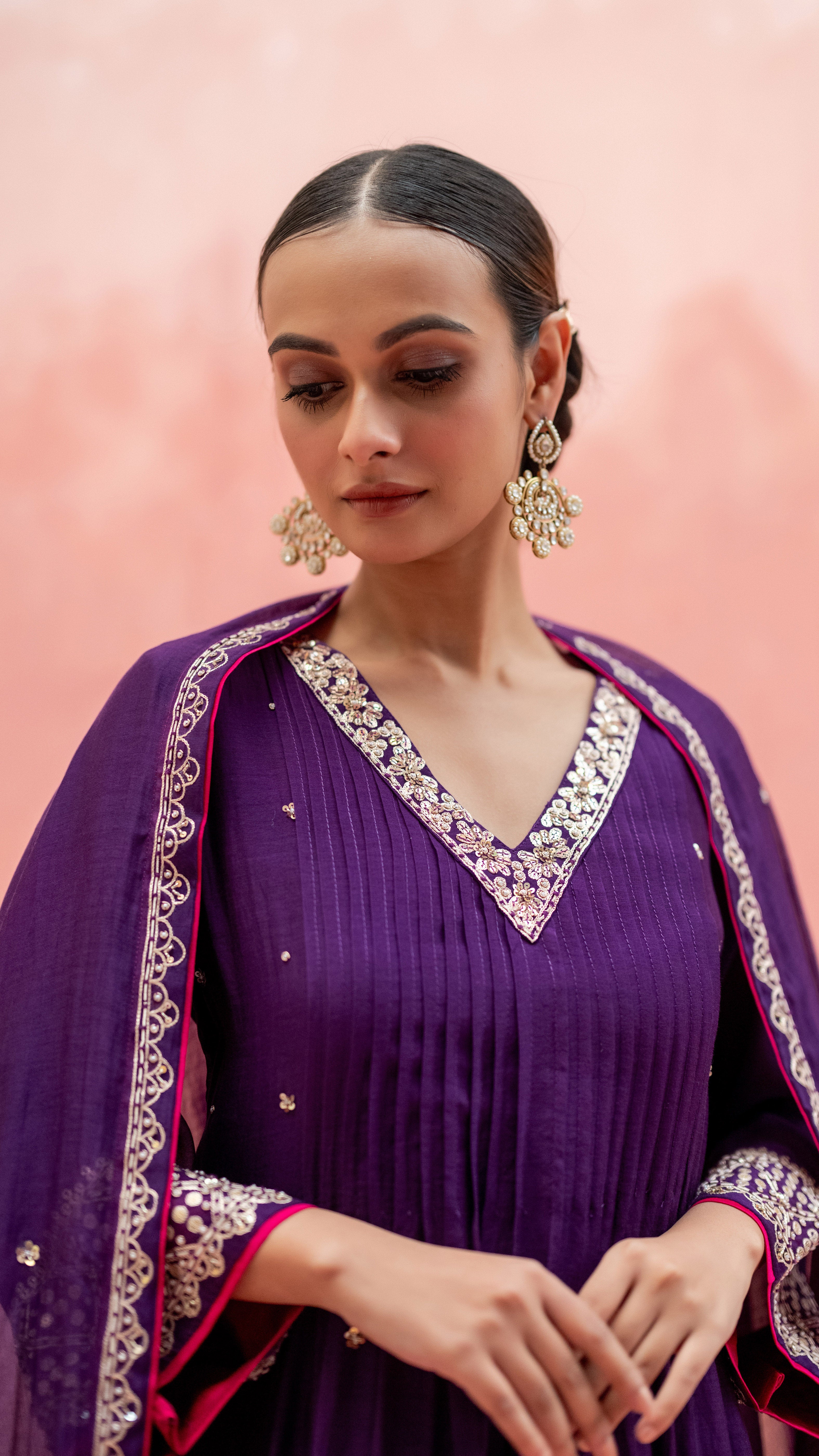 Aubergine Mul Chanderi Embroidered Kurta Set