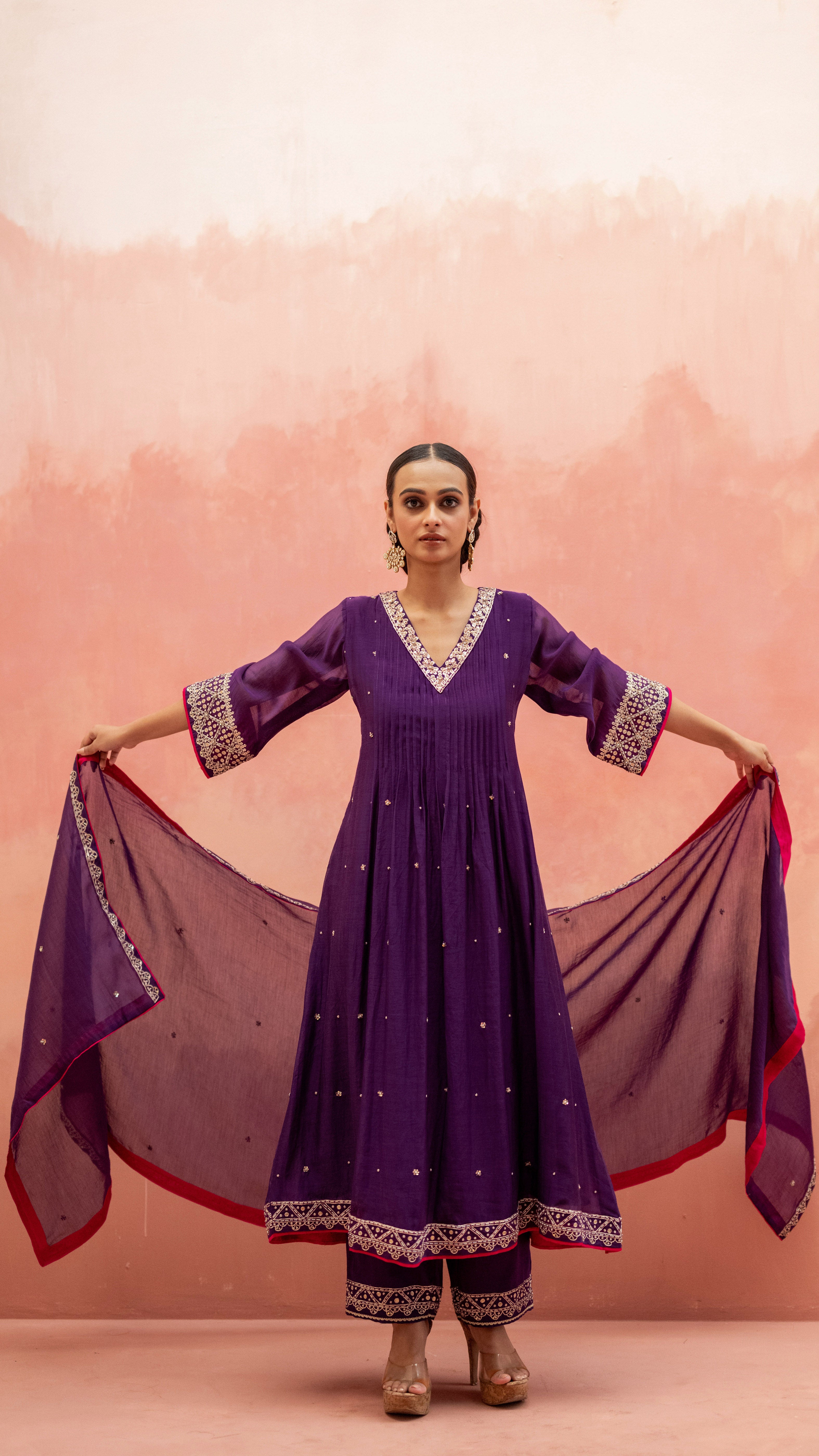 Aubergine Mul Chanderi Embroidered Kurta Set