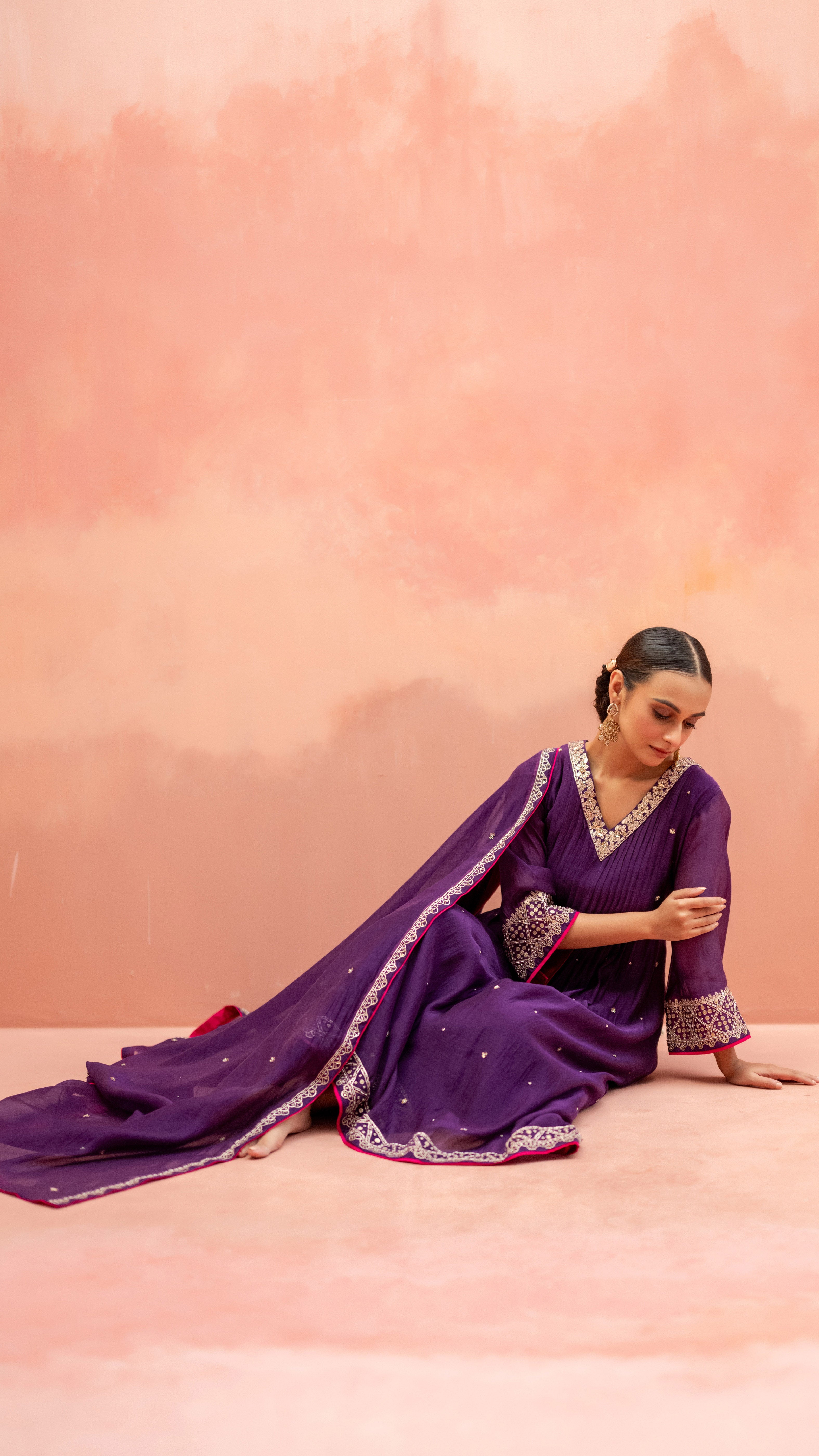 Aubergine Mul Chanderi Embroidered Kurta Set