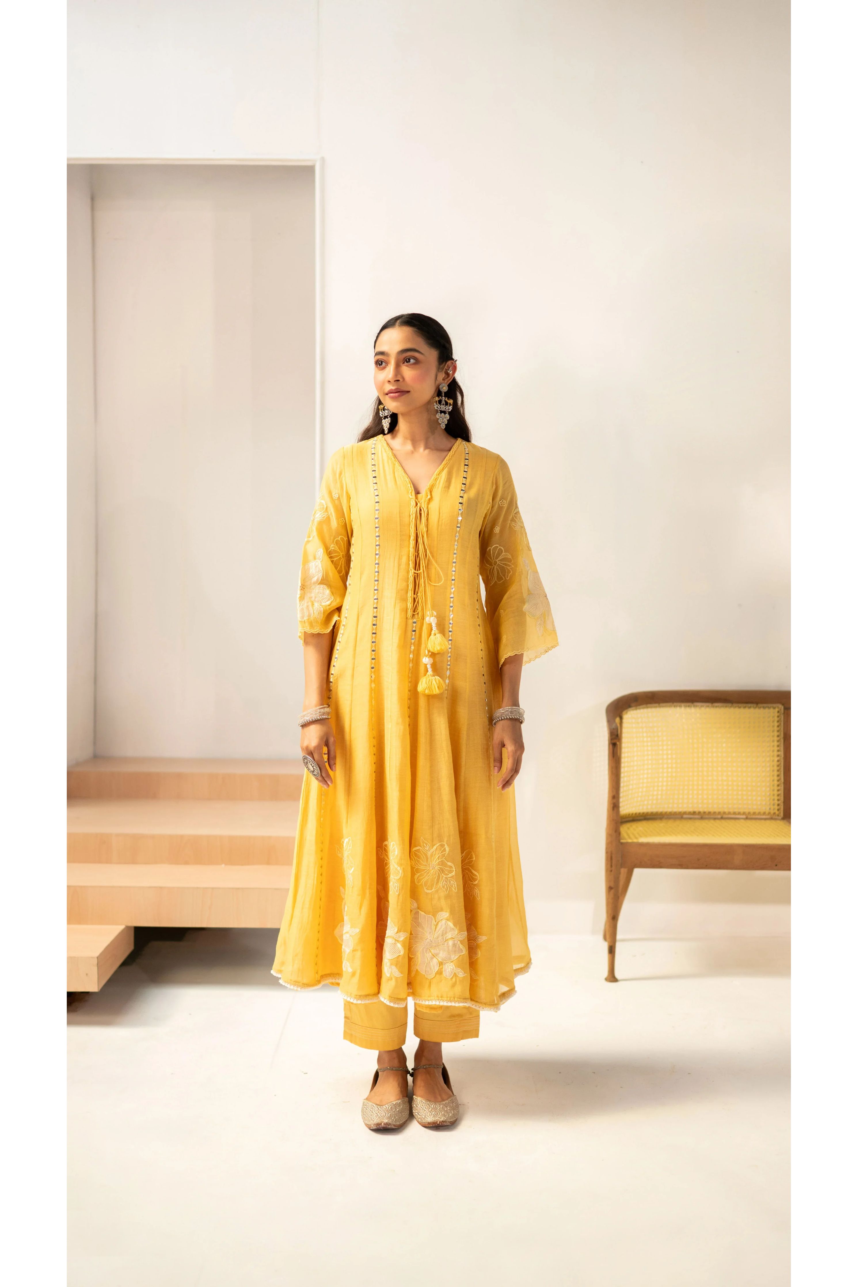 Sunlit Yellow Mirrorwork Embroidered Anarkali Set - Mokshaa