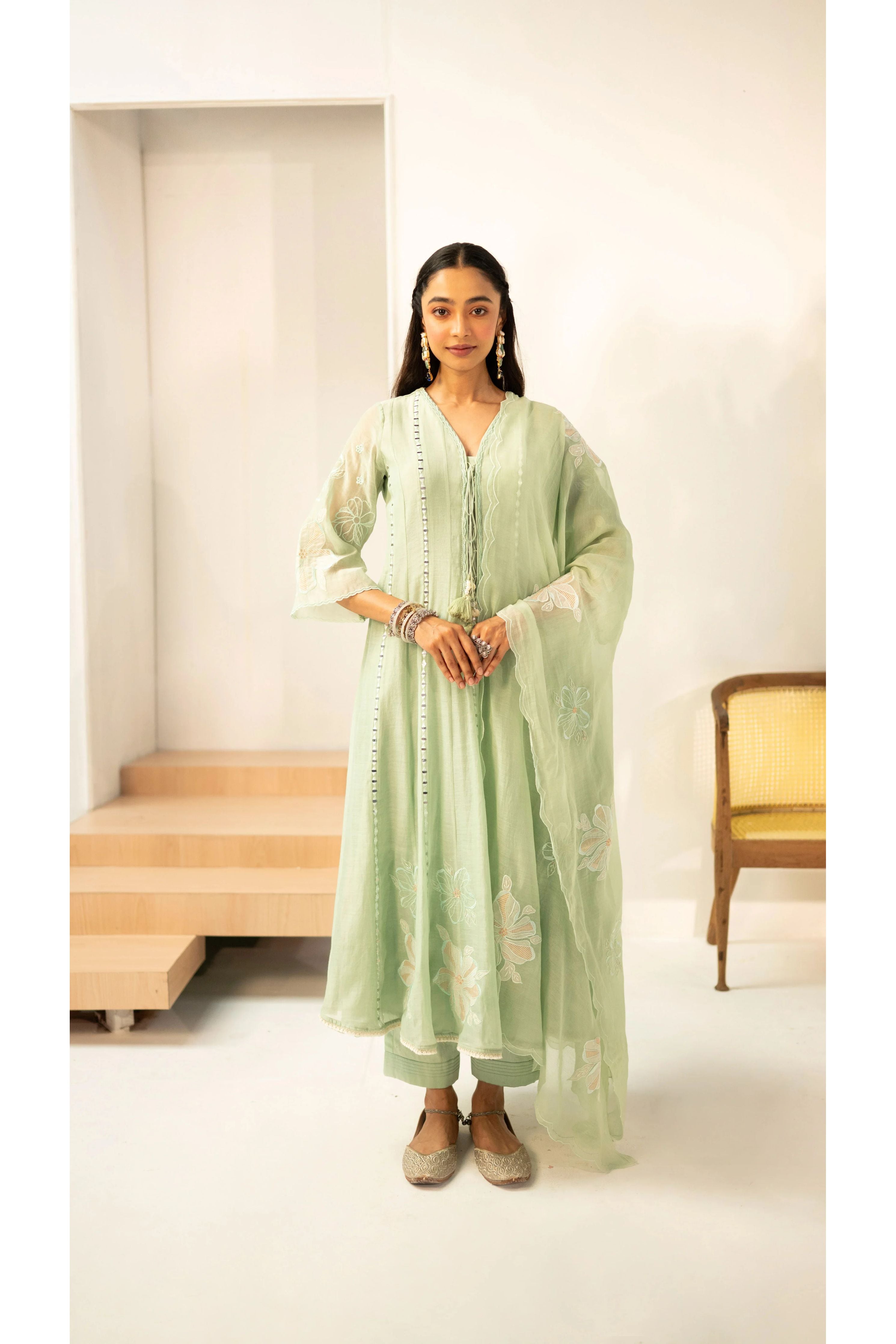 Mint Green Mirrorwork Embroidered Anarkali Set - Mokshaa
