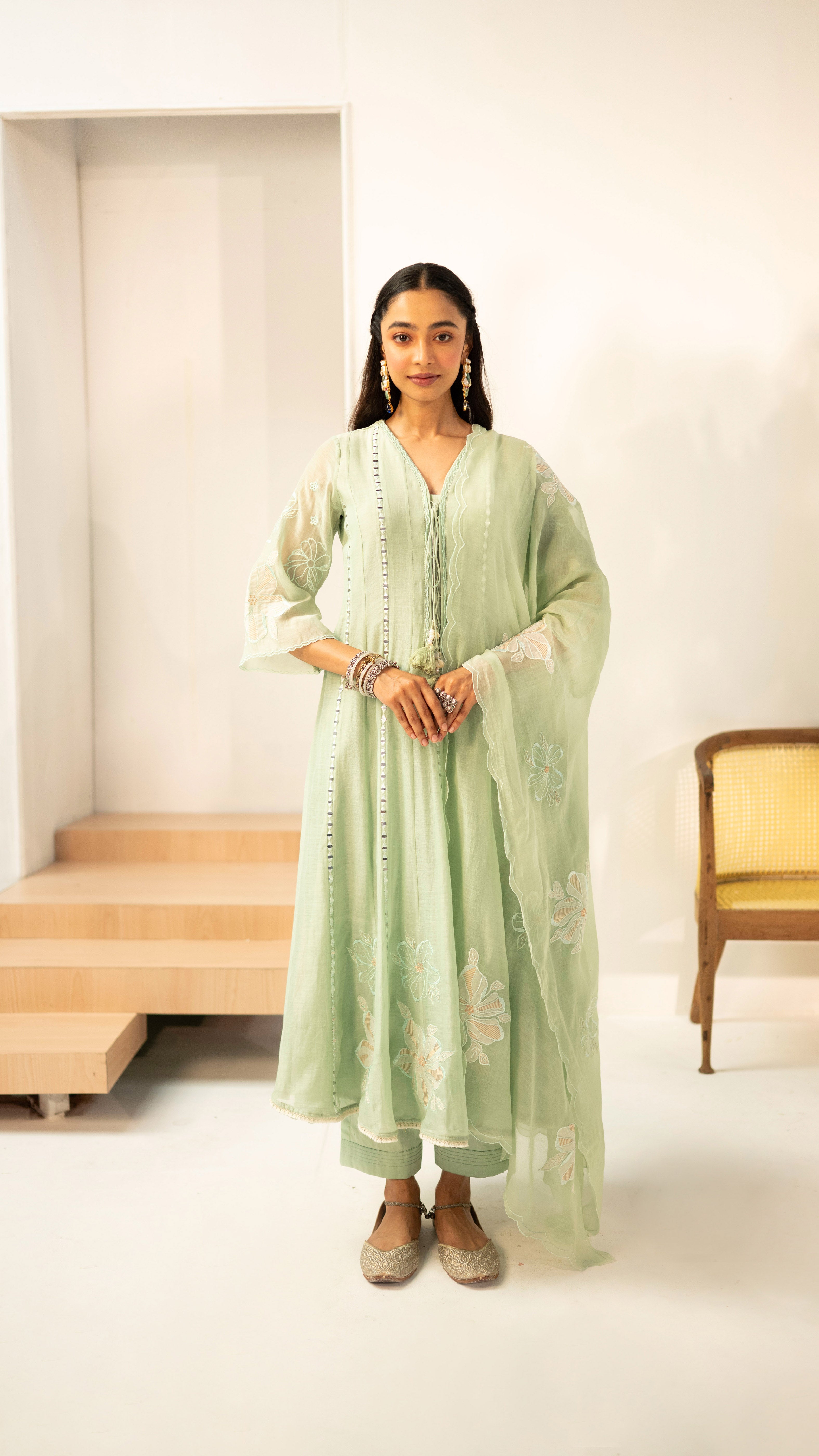 Mint Green Mirrorwork Embroidered Anarkali Set