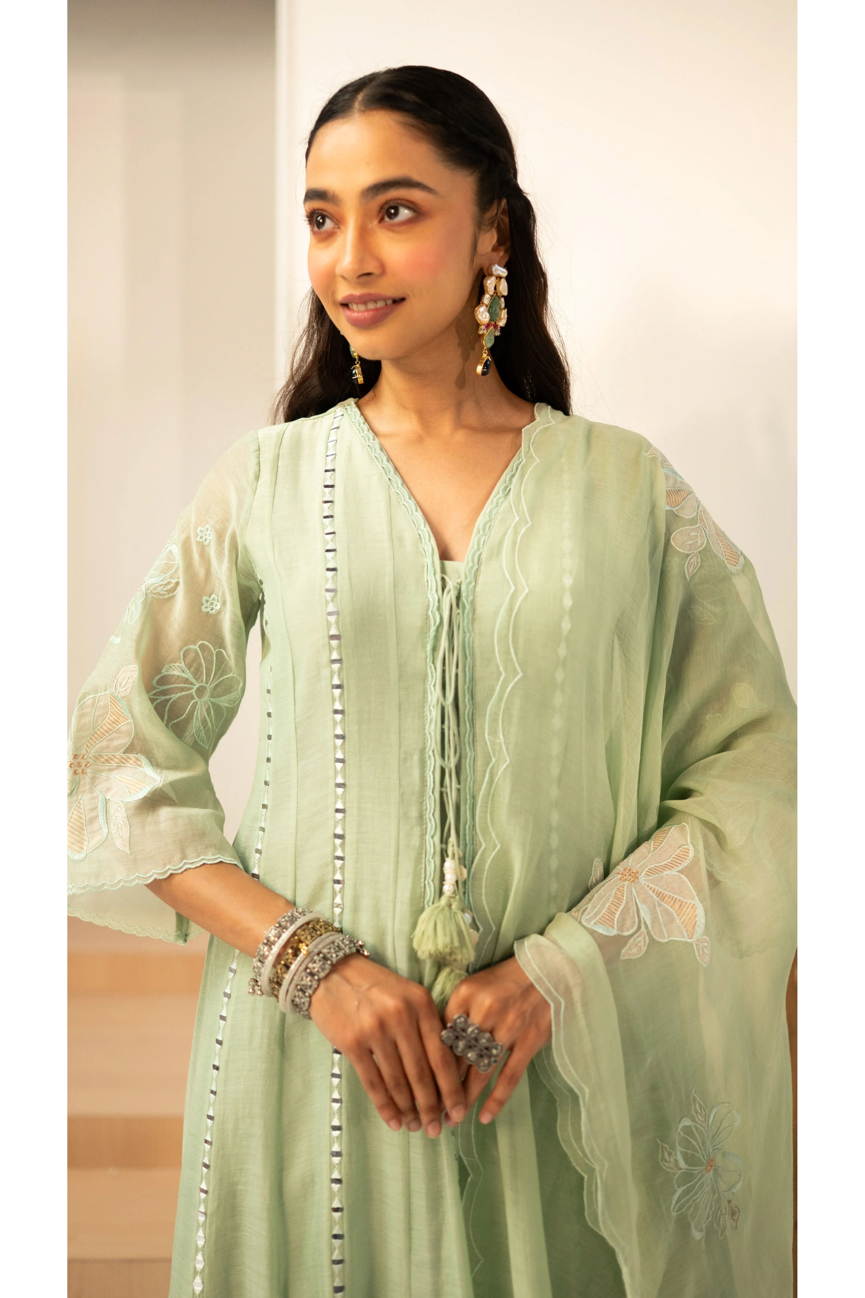 Mint Green Mirrorwork Embroidered Anarkali Set - Mokshaa