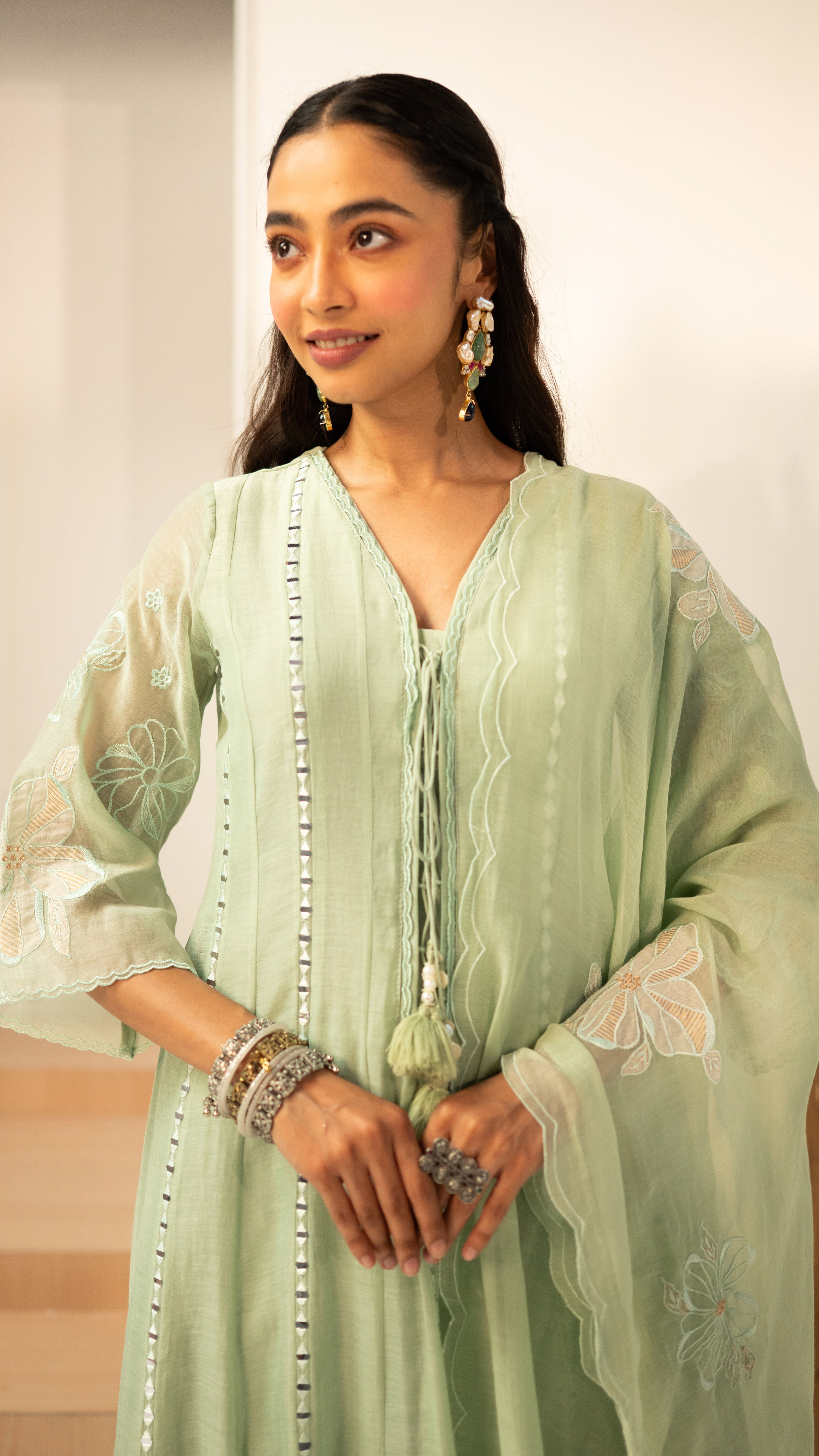 Mint Green Mirrorwork Embroidered Anarkali Set