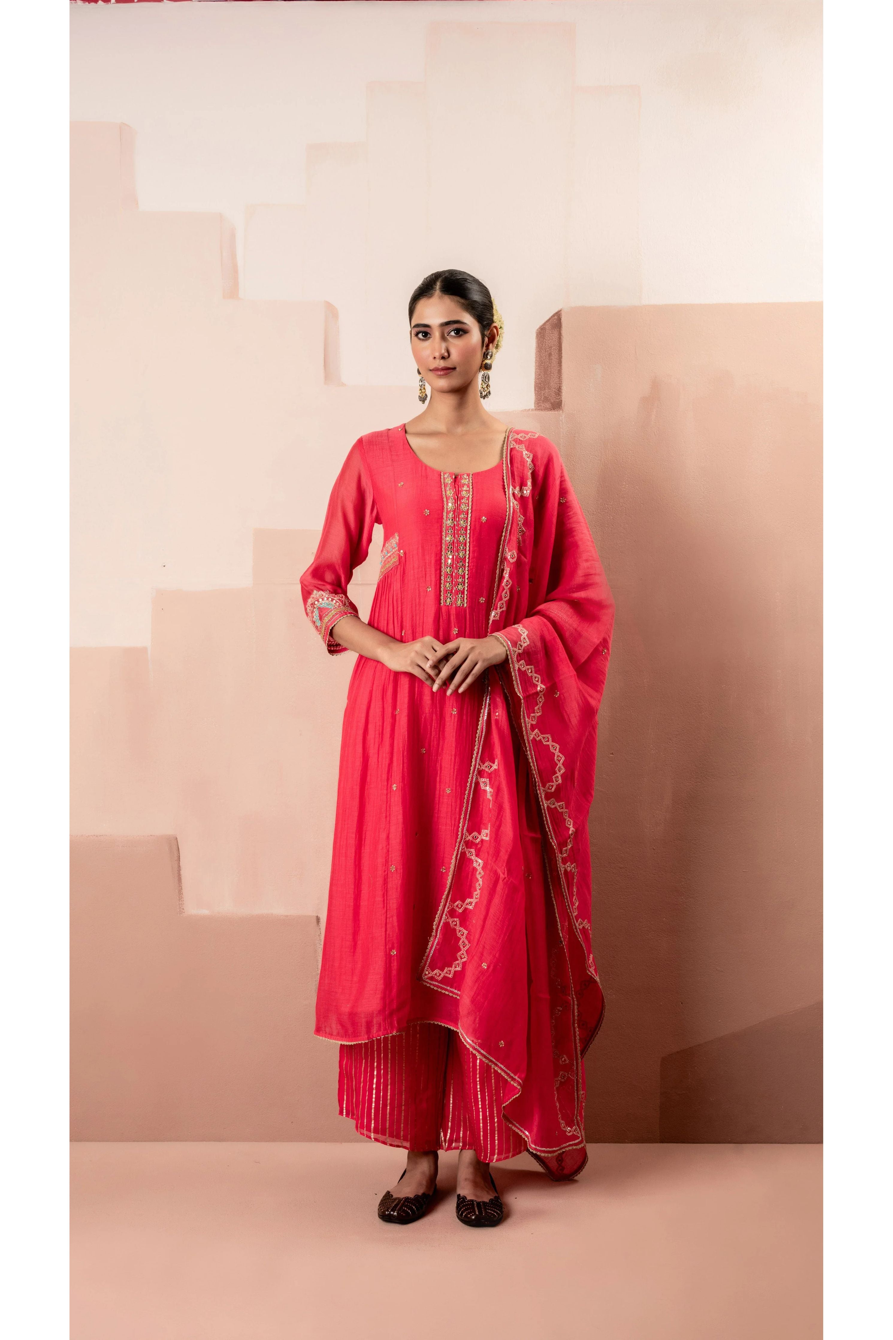 Raspberry Pink Multicolor Embroidered A-line Kurta Set - Mokshaa