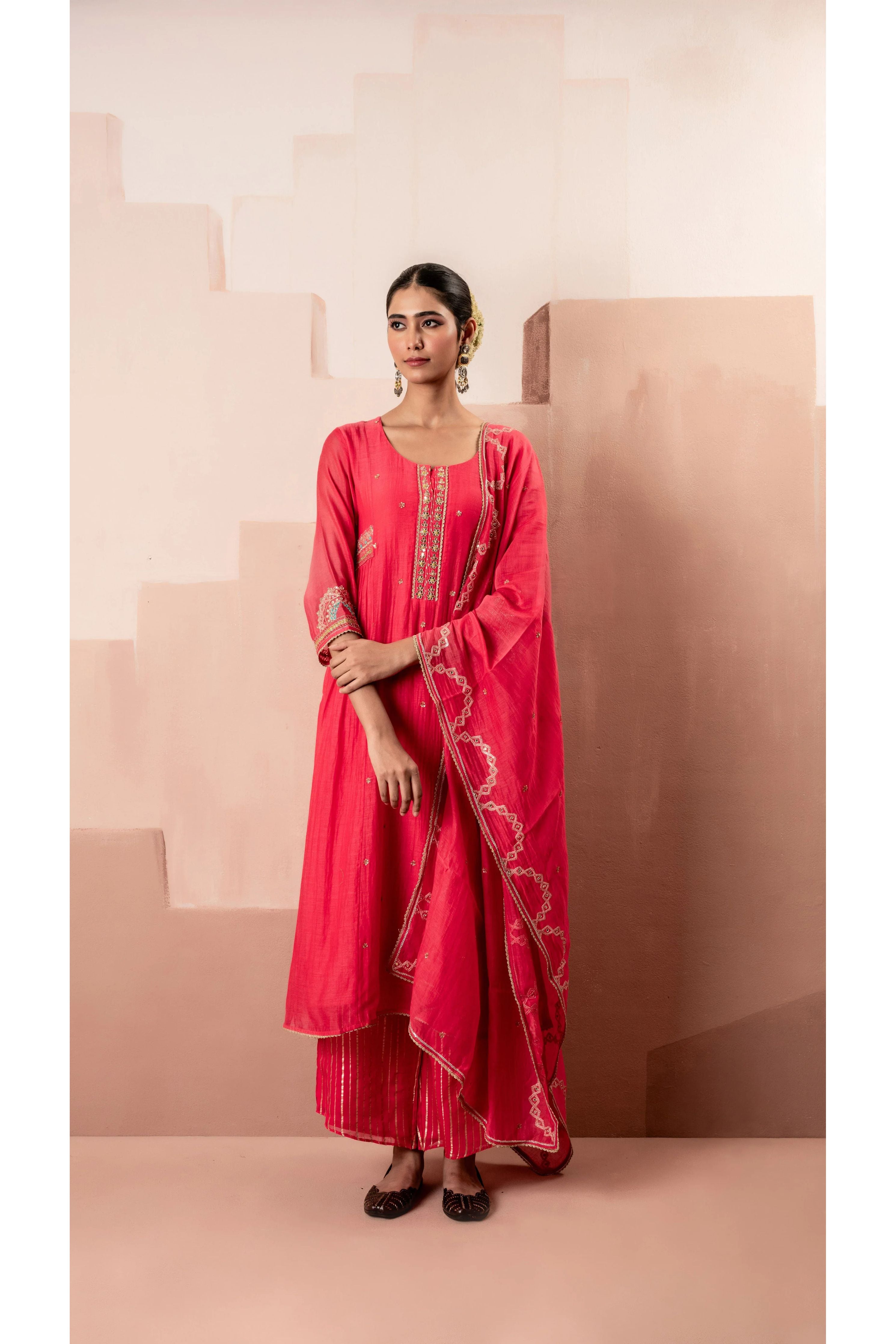 Raspberry Pink Multicolor Embroidered A-line Kurta Set - Mokshaa