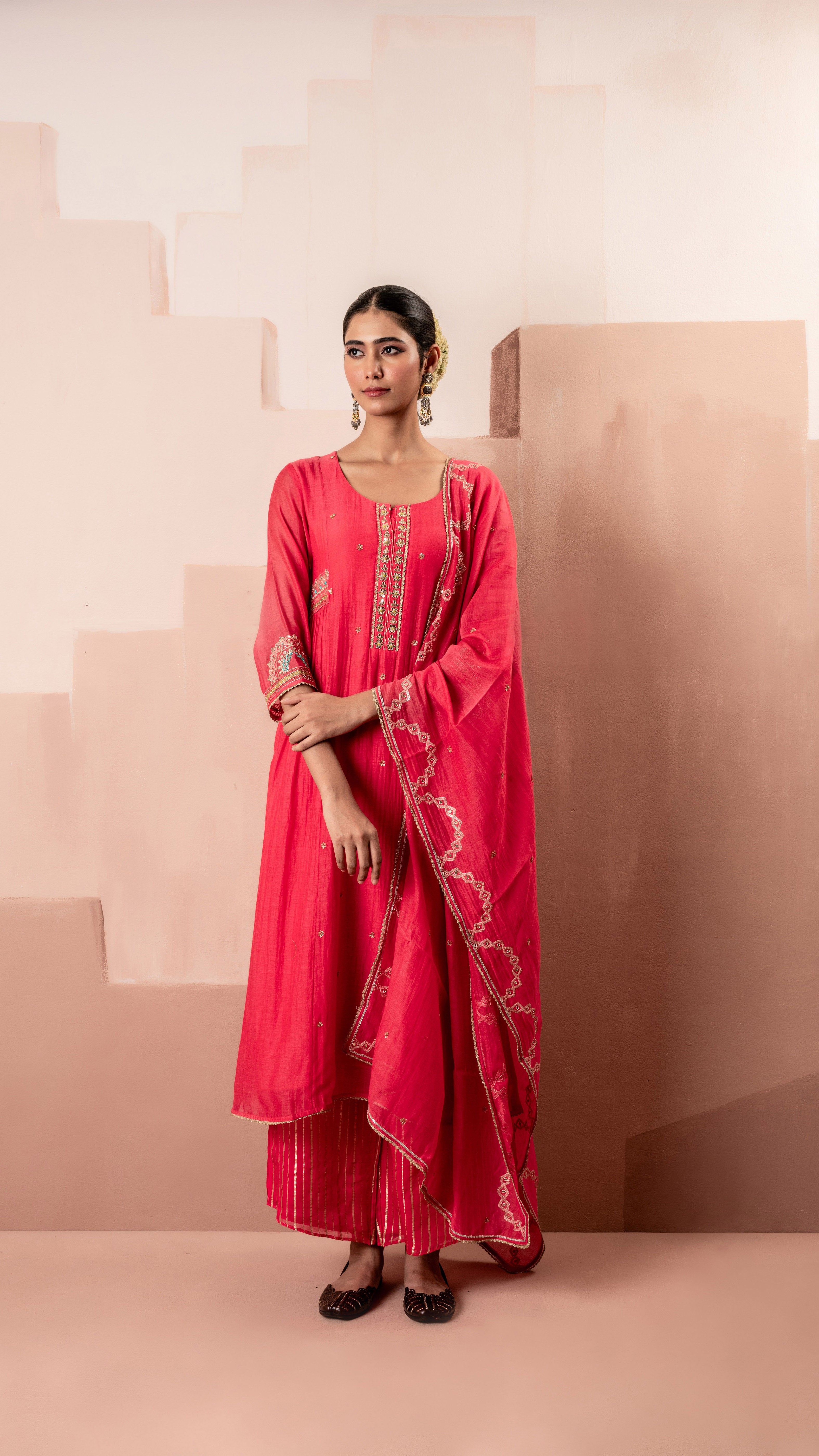 Raspberry Pink Multicolor Embroidered A-line Kurta Set