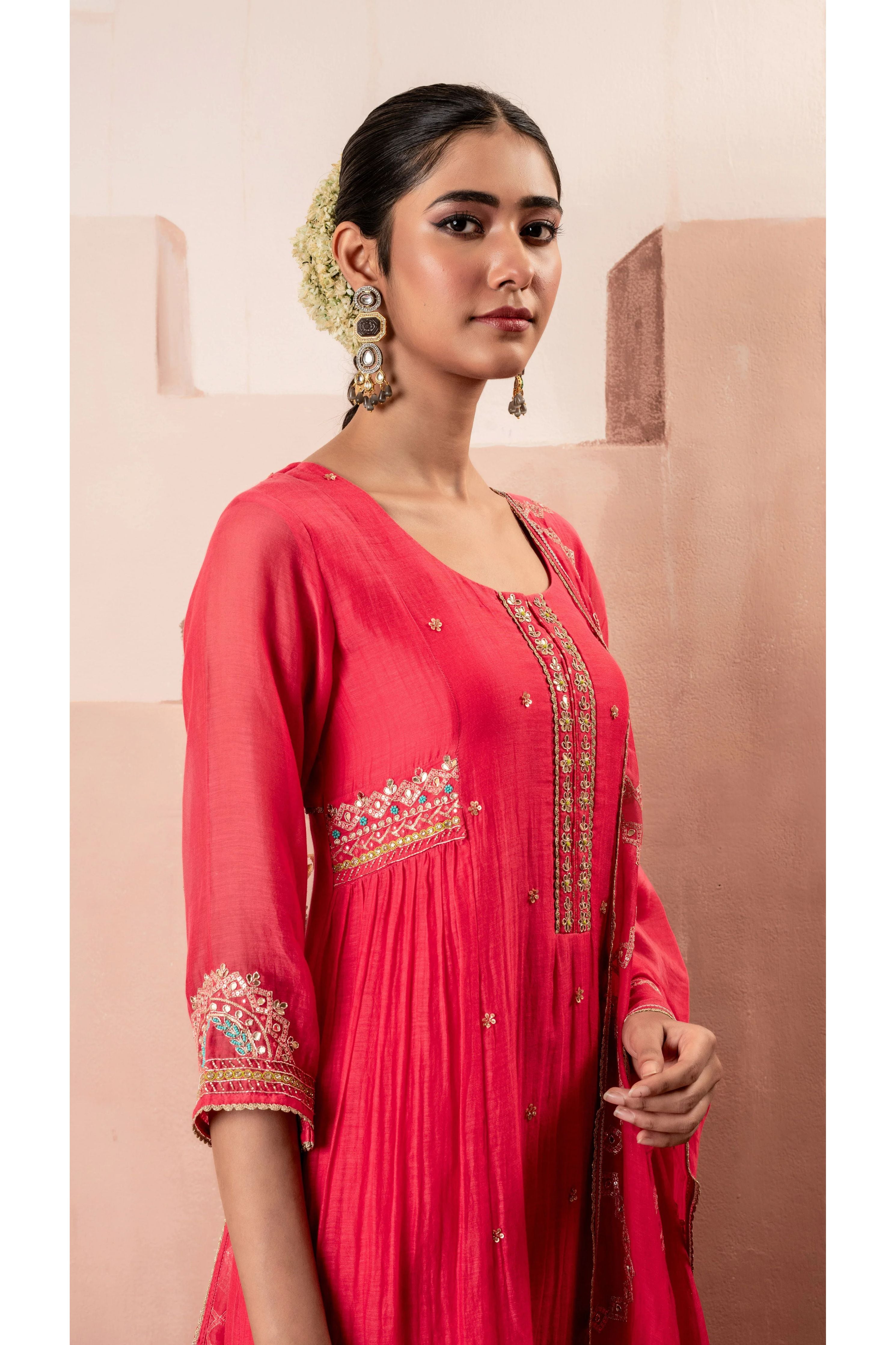 Raspberry Pink Multicolor Embroidered A-line Kurta Set - Mokshaa