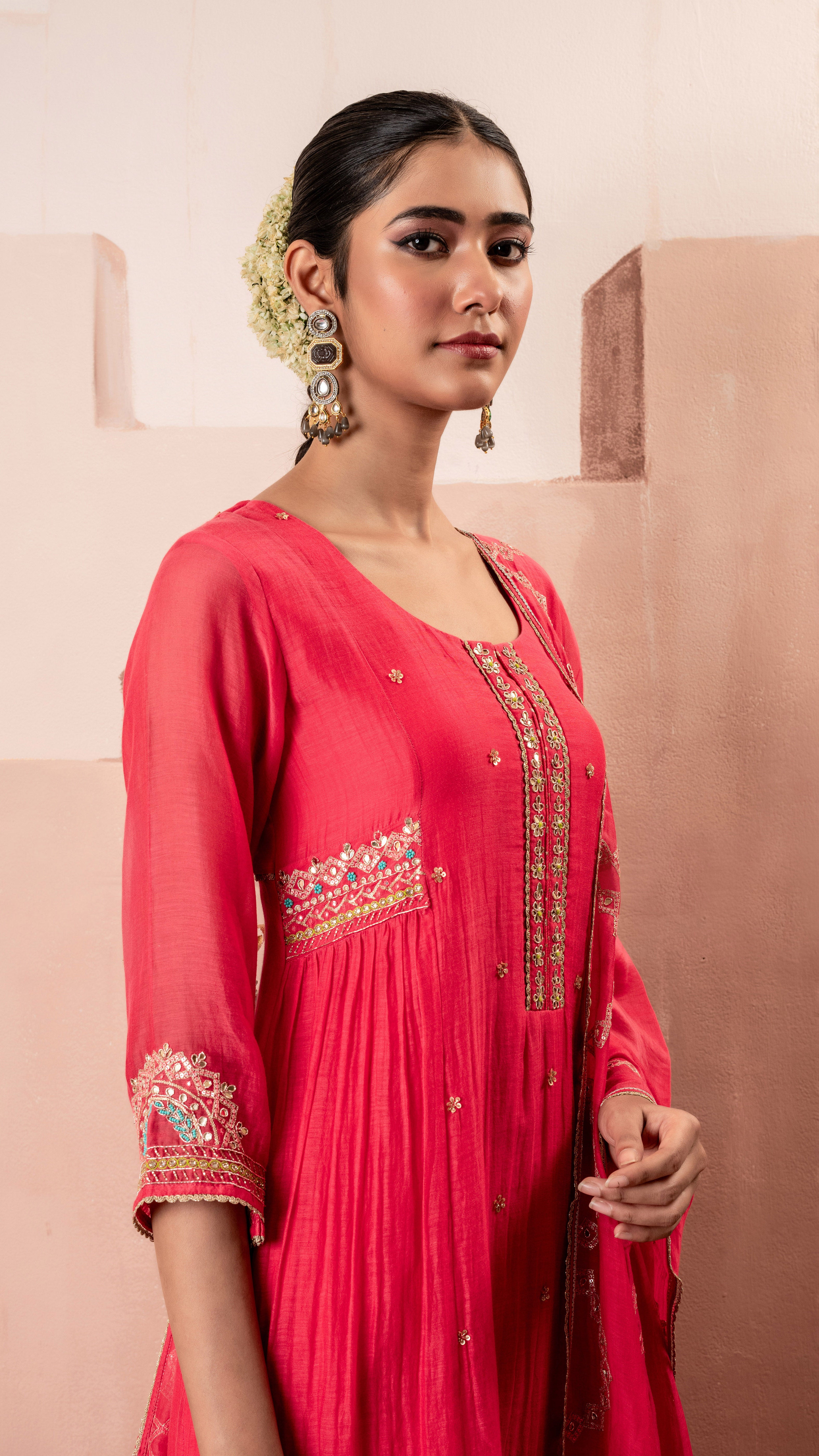 Raspberry Pink Multicolor Embroidered A-line Kurta Set