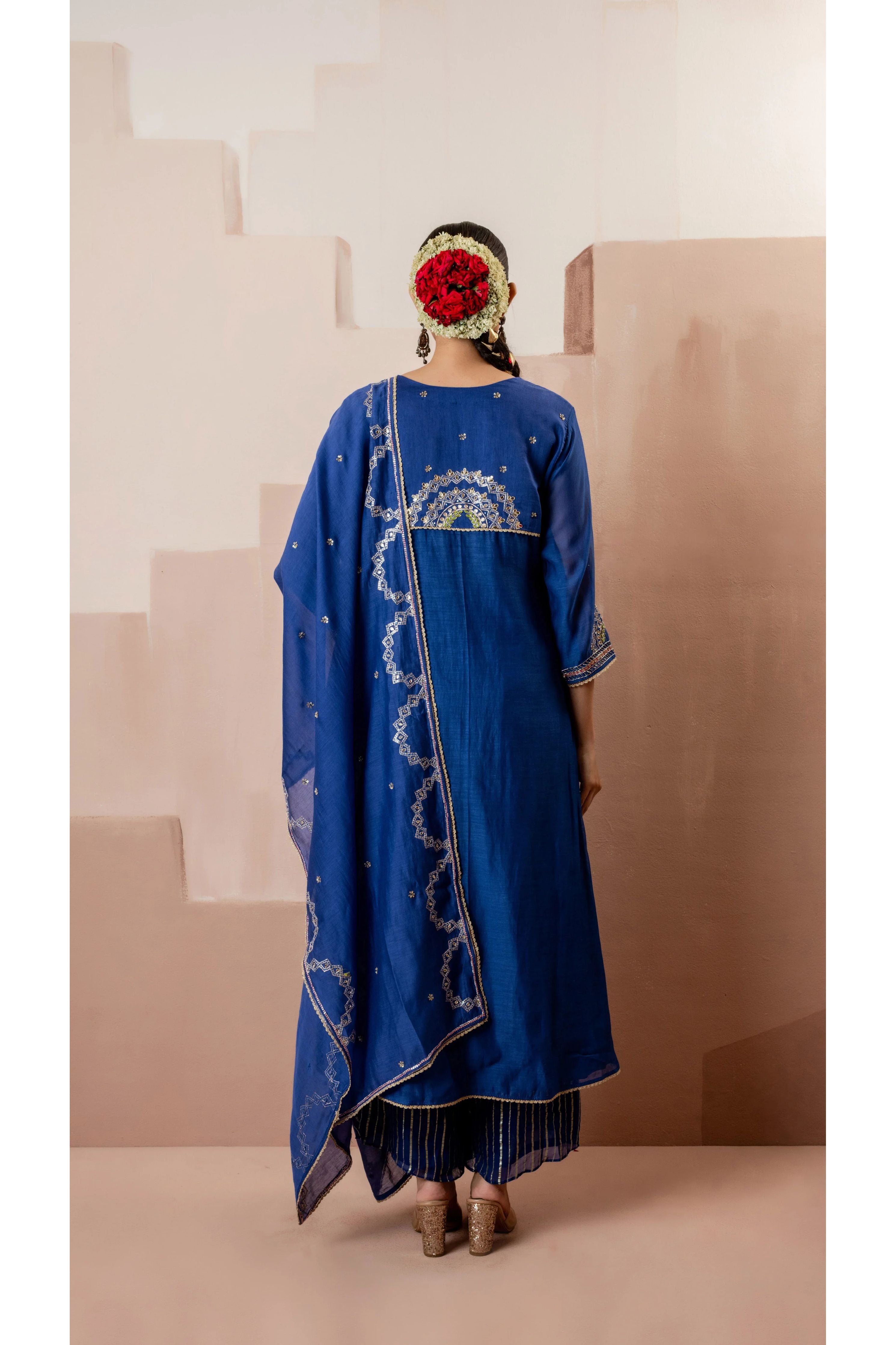 Royal Blue Multicolor Embroidered A-line Kurta Set - Mokshaa