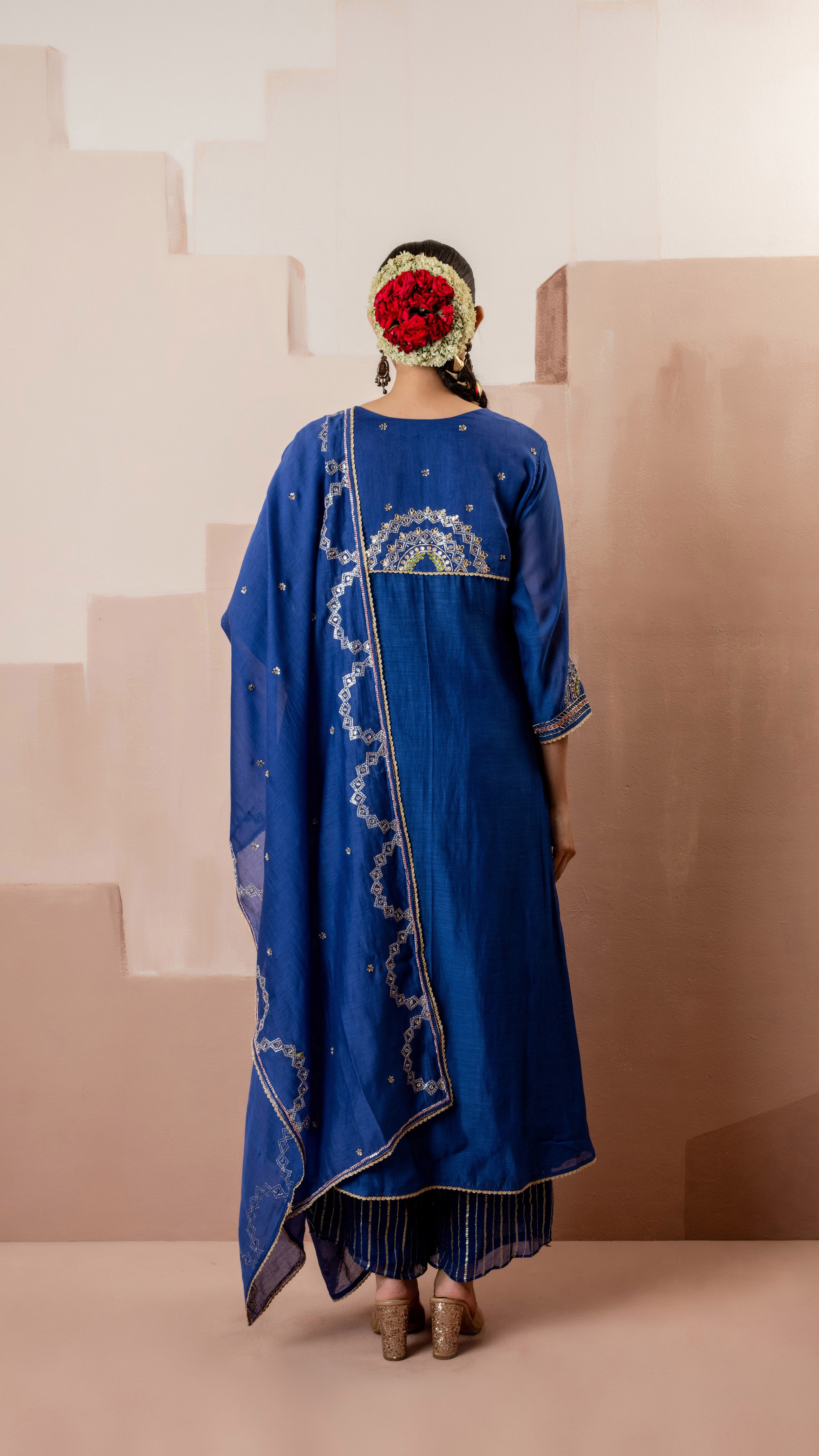 Royal Blue Multicolor Embroidered A-line Kurta Set