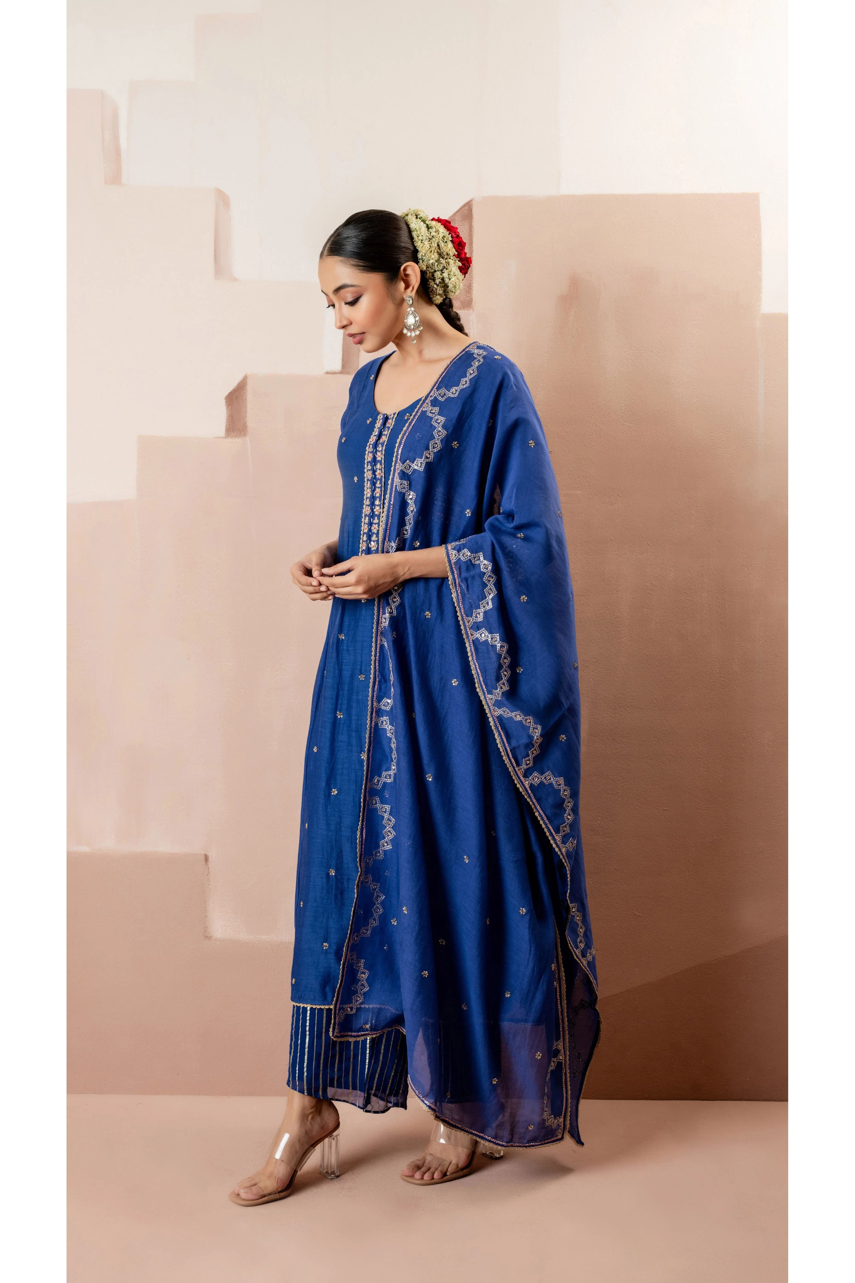Royal Blue Multicolor Embroidered A-line Kurta Set - Mokshaa