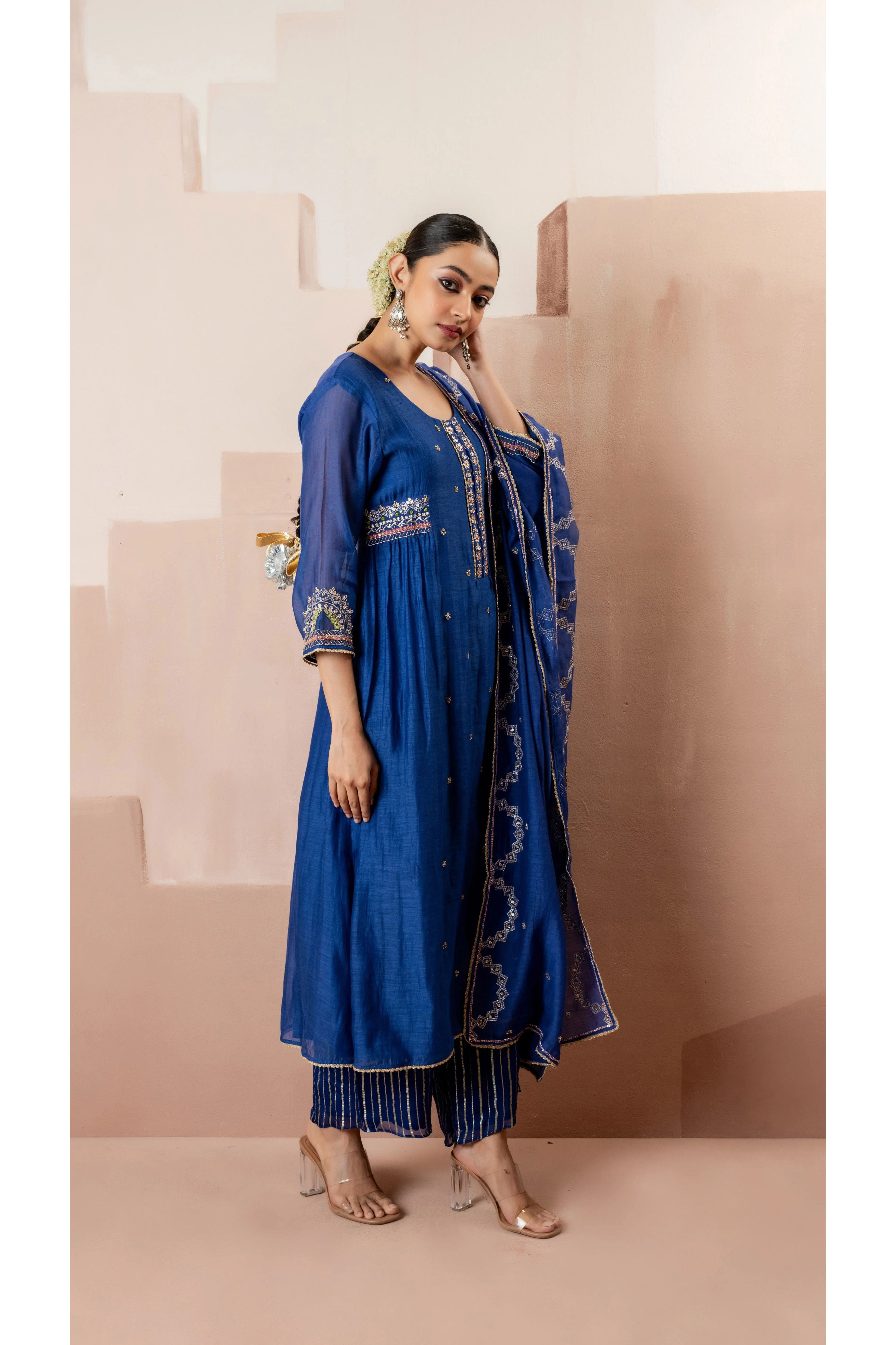 Royal Blue Multicolor Embroidered A-line Kurta Set - Mokshaa