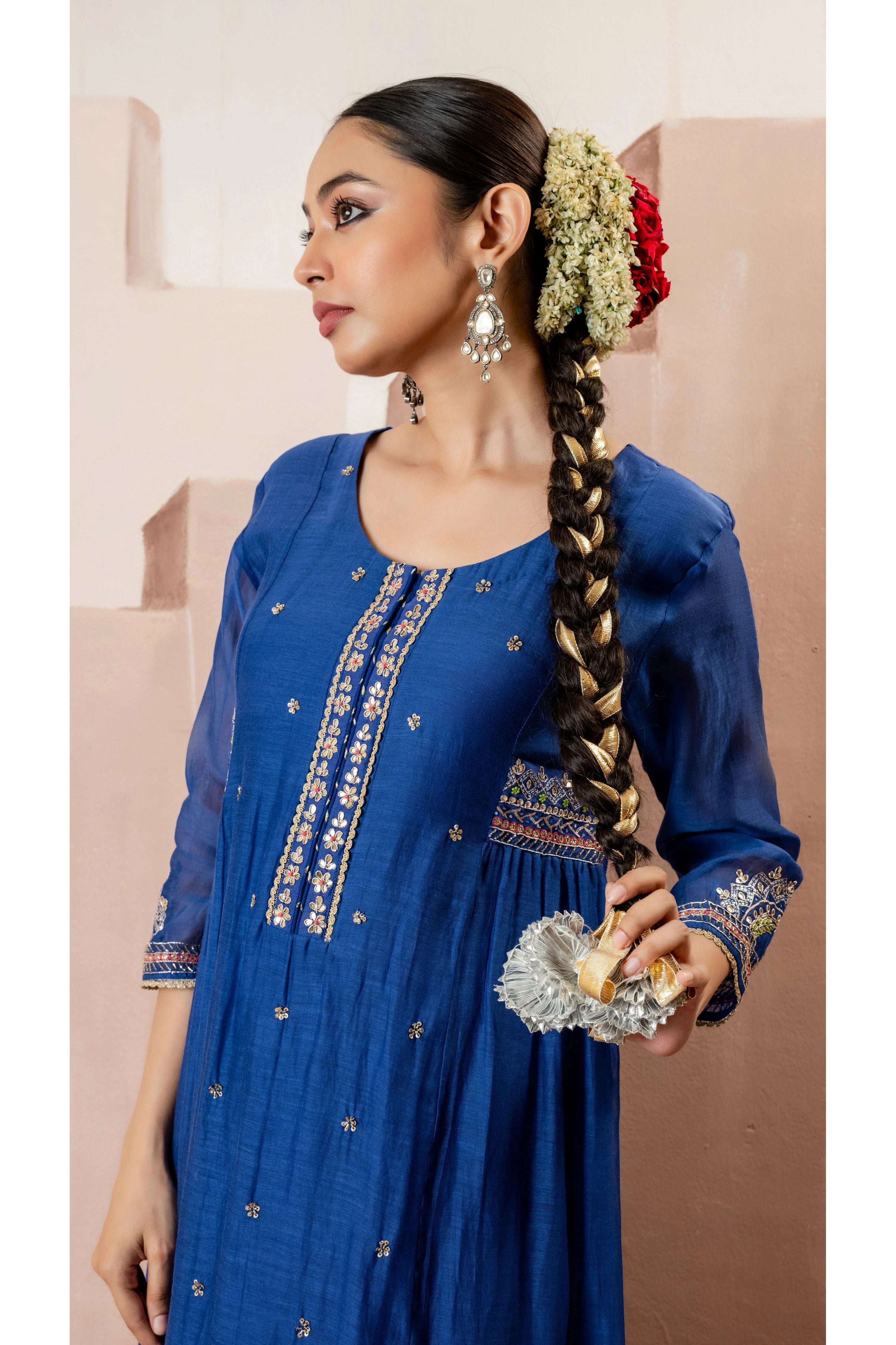 Royal Blue Multicolor Embroidered A-line Kurta Set - Mokshaa