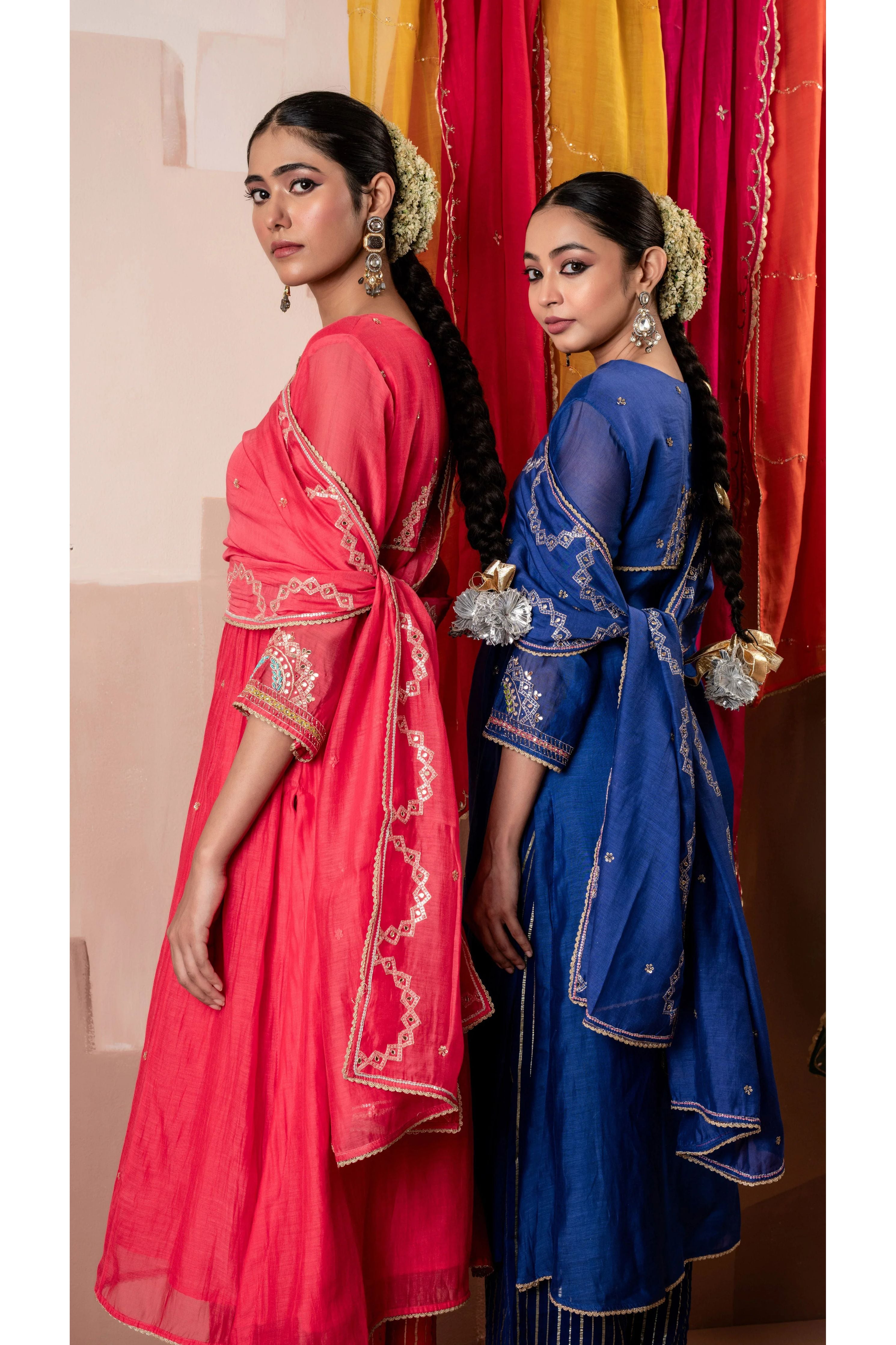 Raspberry Pink Multicolor Embroidered A-line Kurta Set - Mokshaa