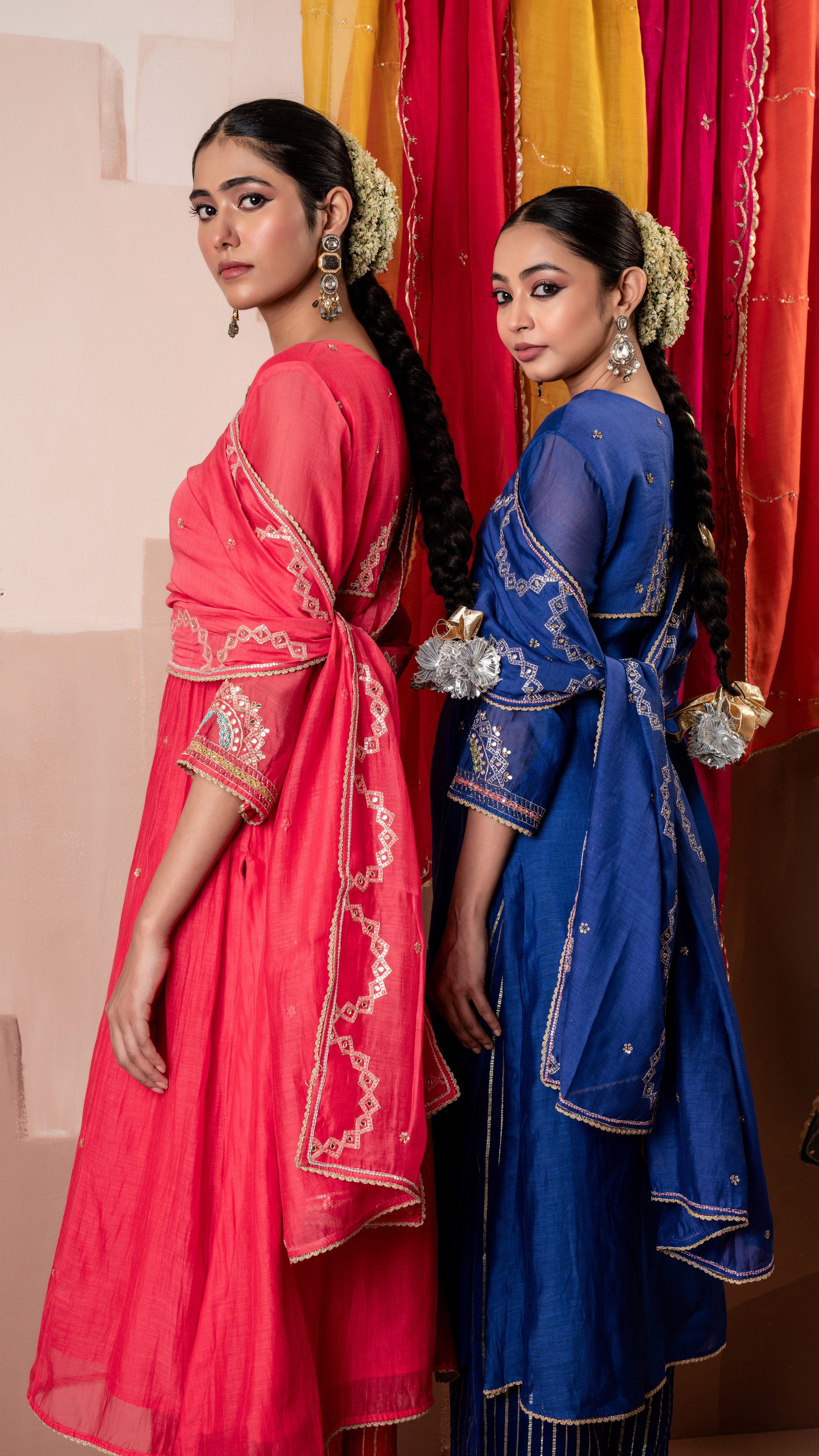 Raspberry Pink Multicolor Embroidered A-line Kurta Set