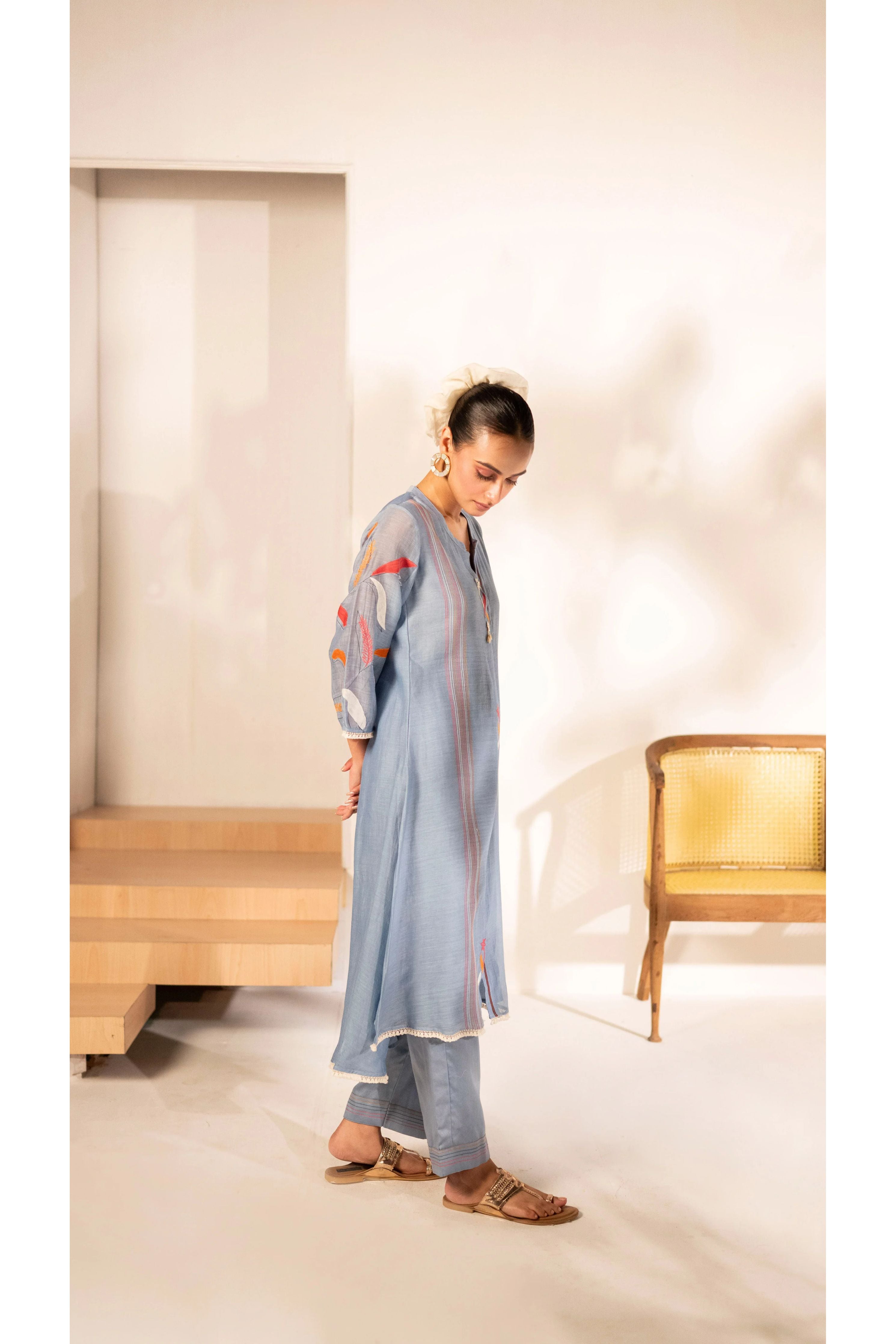 Powder Blue Mul Cotton A-line Tunic Set - Mokshaa