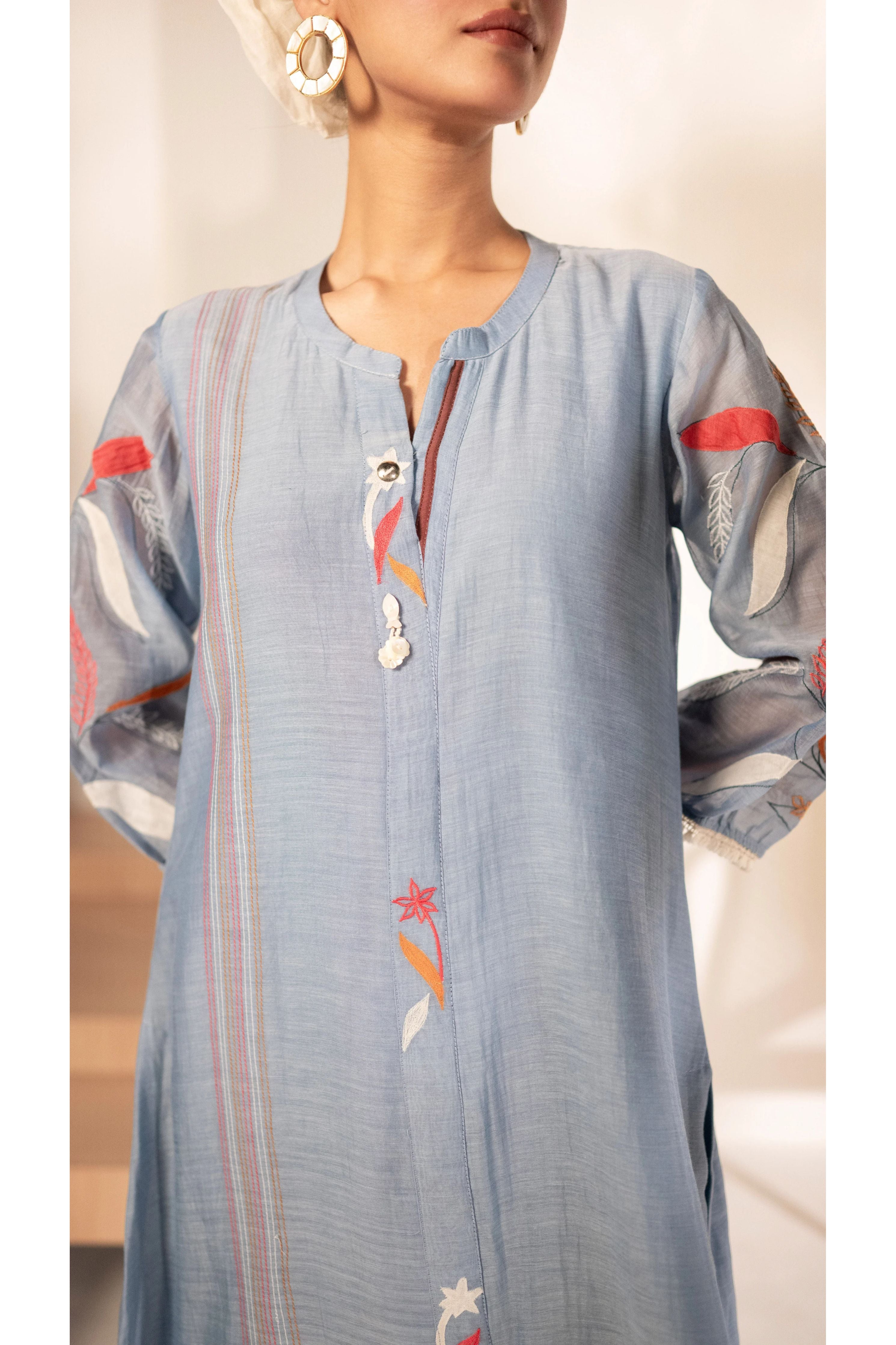 Powder Blue Mul Cotton A-line Tunic Set - Mokshaa